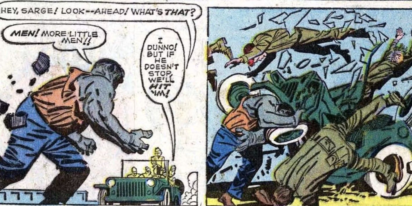 Bruce Banner transforms before charging into an army humvee in The Incredible Hulk #1