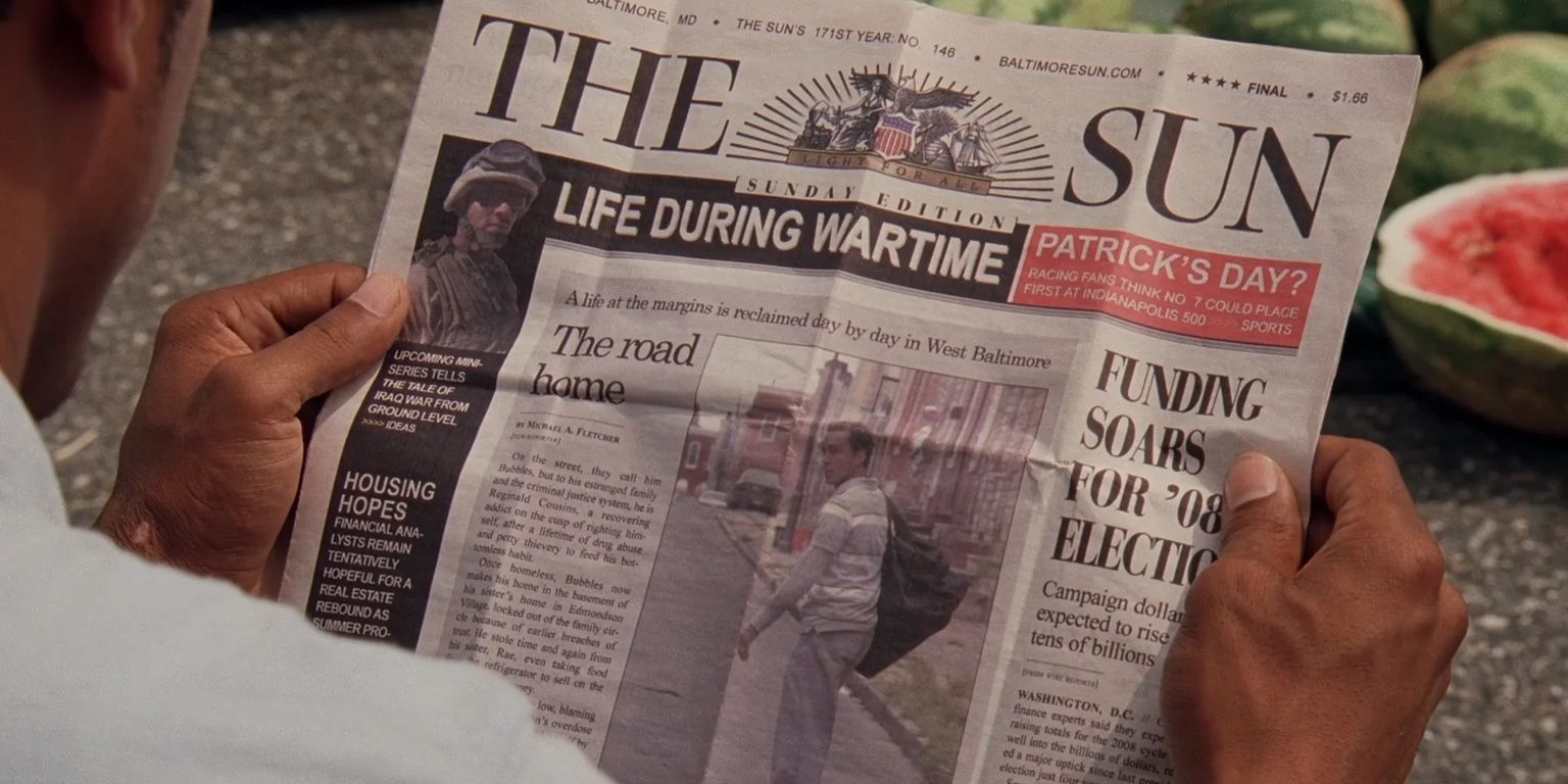 Bubbles reads his newspaper profile in The Wire