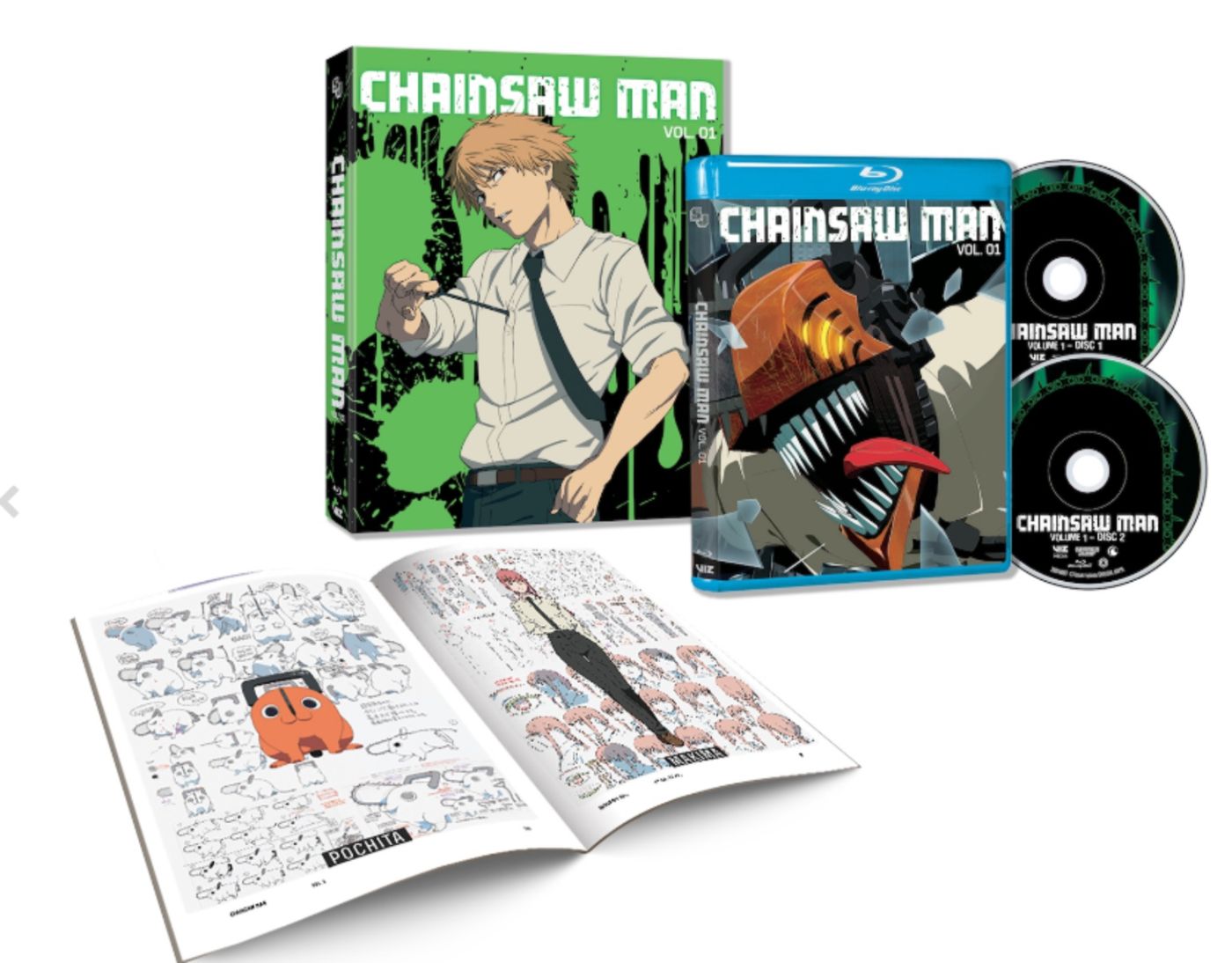 Chainsaw Man Blu-ray cases behind an art book showcasing Pochita and Makima.