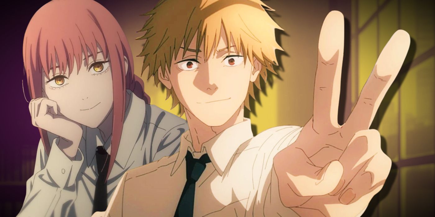 Chainsaw Man's Denji smiling and giving a peace sign next to Makima who is resting her head on her hand.
