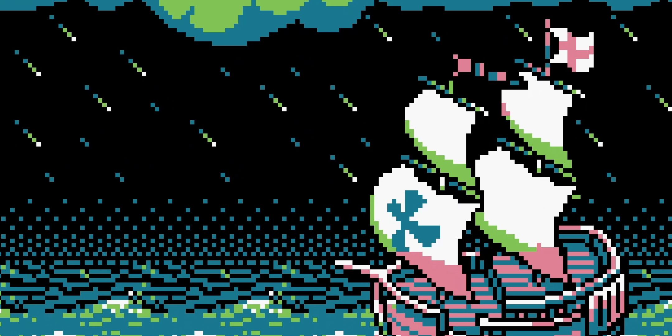 Pixel art of a ship in stormy night waters from Chantey