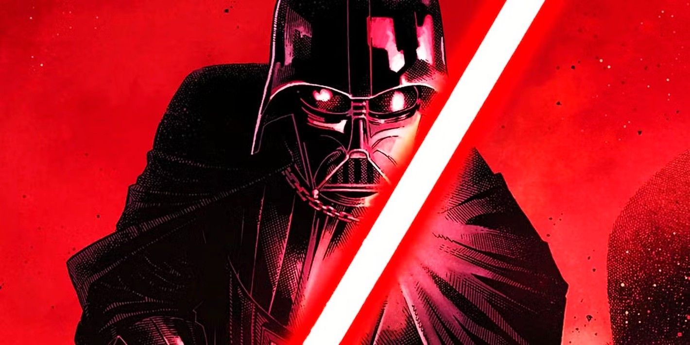 Close-up de Darth Vader com o sabre de luz aceso em vermelho