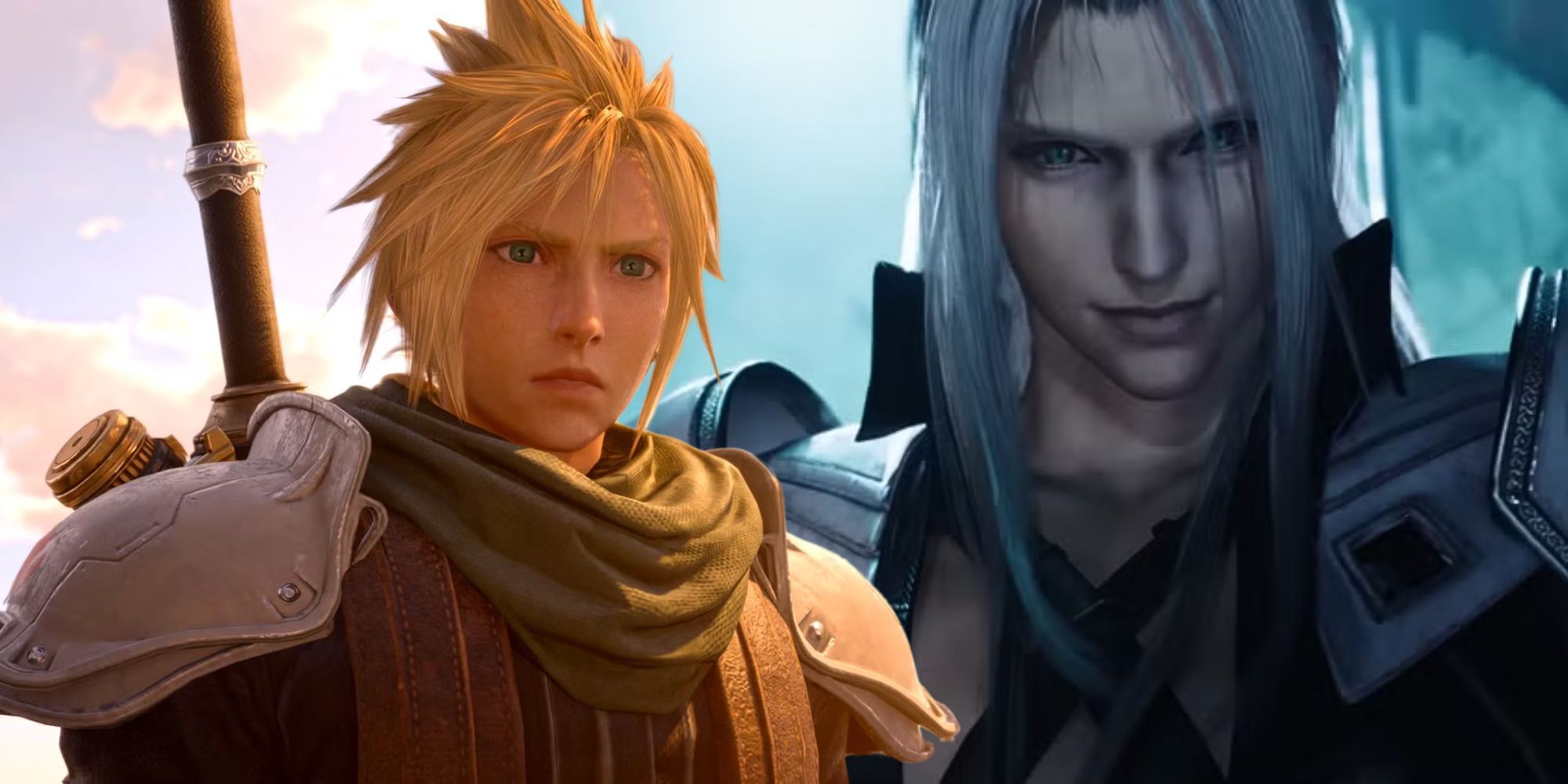 Cloud in a Shinra uniform next to an image of Sephiroth from Final Fantasy 7 Rebirth