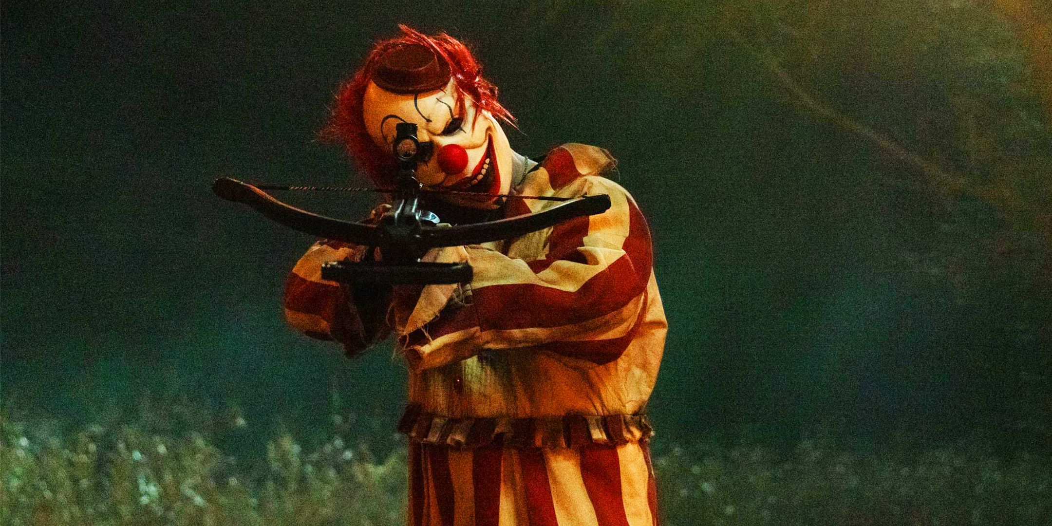 Frendo cocking his head while aiming a crossbow in Clown in a Cornfield