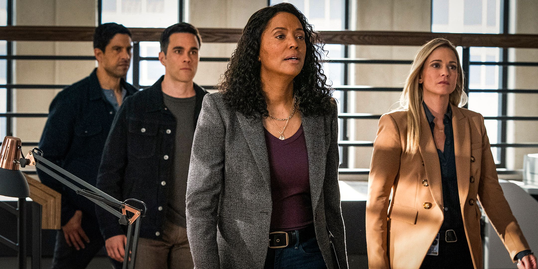 Adam Rodriguez as Luke Alvez, RJ Hatanaka as Tyler Green, Aisha Tyler as Dr. Tara Lewis, and A.J. Cook as Jennifer ‘JJ’ Jareau in Criminal Minds: Evolution, episode 1, season 18 streaming on Paramount+
