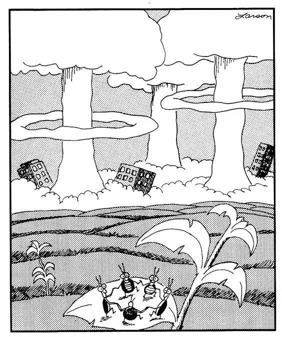 Bugs dance on a leaf while a city is blown up by nuclear bombs