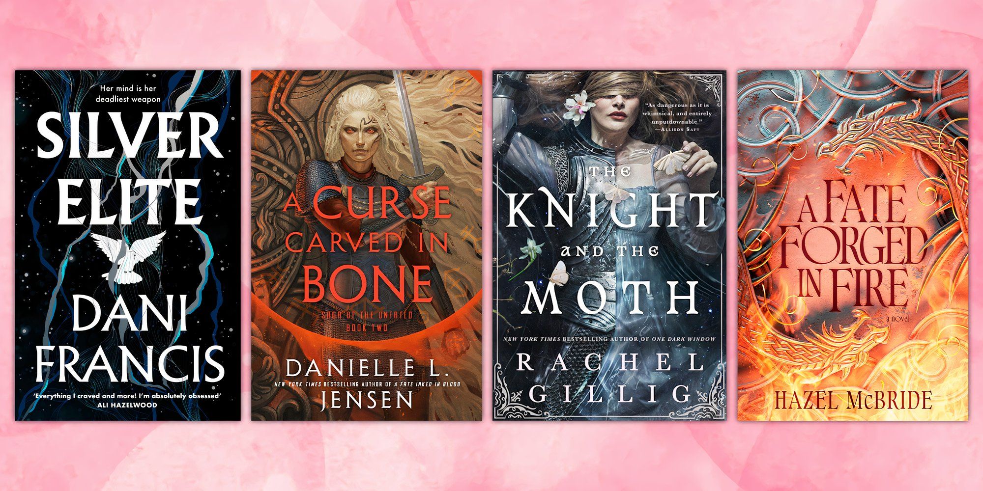 Silver Elite, The Knight and the Moth, A Curse Carved in Bone, and A Fate Forged in Fire book covers