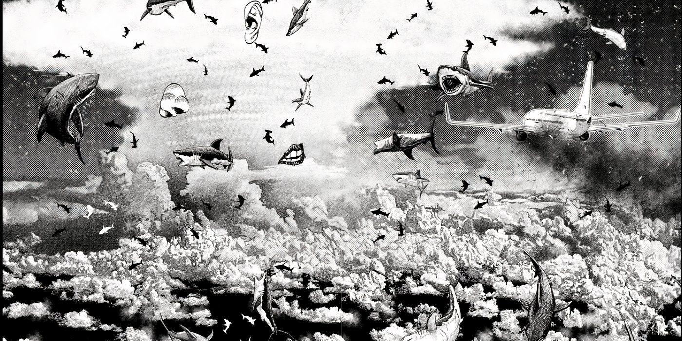Sharks falling from the sky and an airplane from Dandadan chapter #194.