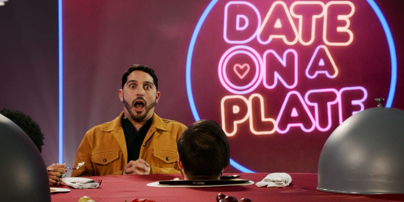 Date on A Plate host Nicky Paris looks shocked while looking at a contestant