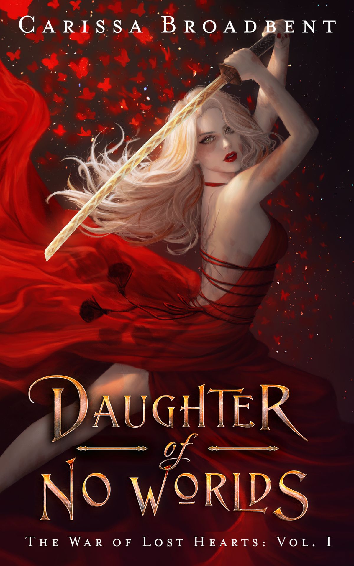 Daughter Of No Worlds cover featuring a blonde woman in a red dress with a sword