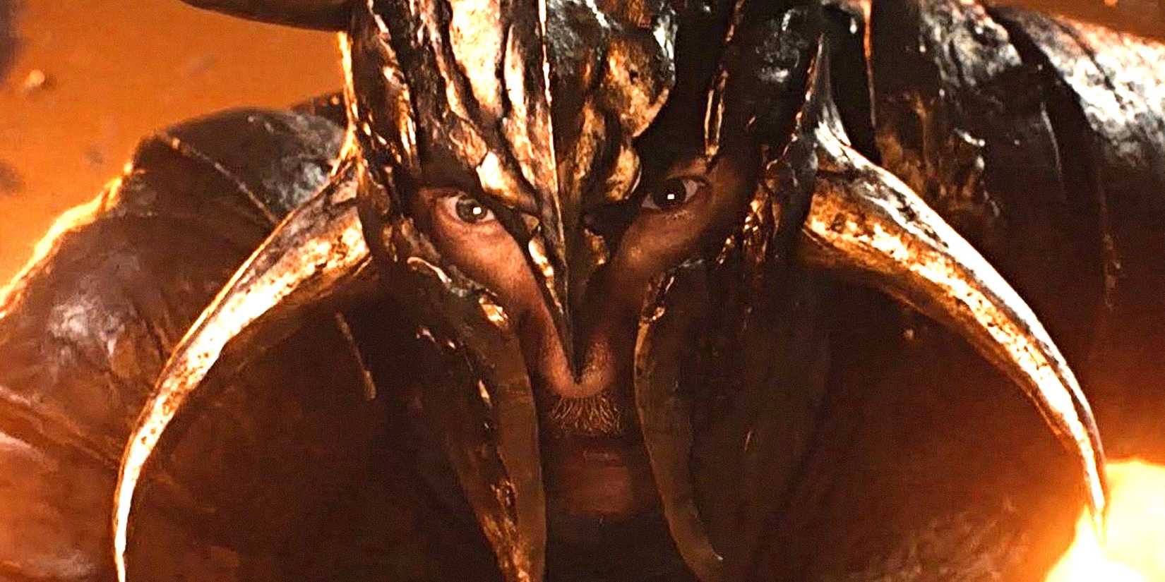 David Thewlis as Ares wears a horned helmet in Wonder Woman's final battle