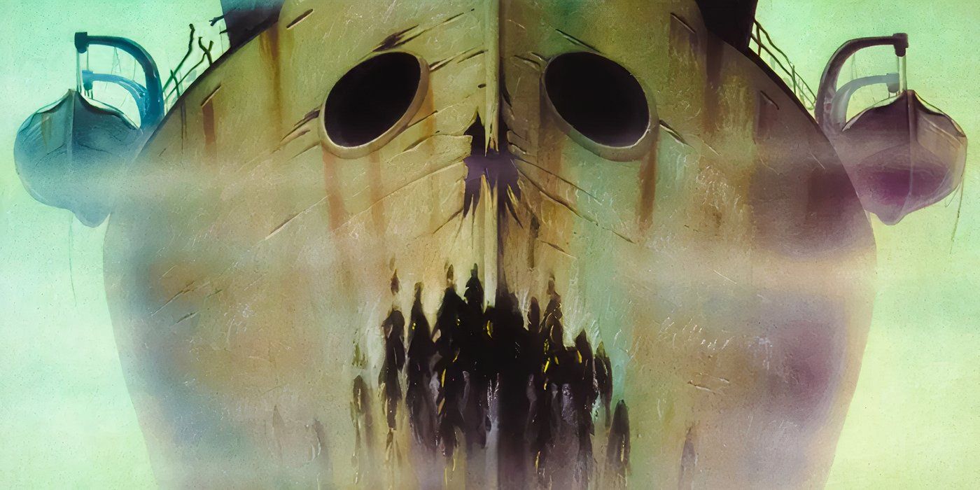 The bow of the boat with a skull face on in from the poster of Death Ship
