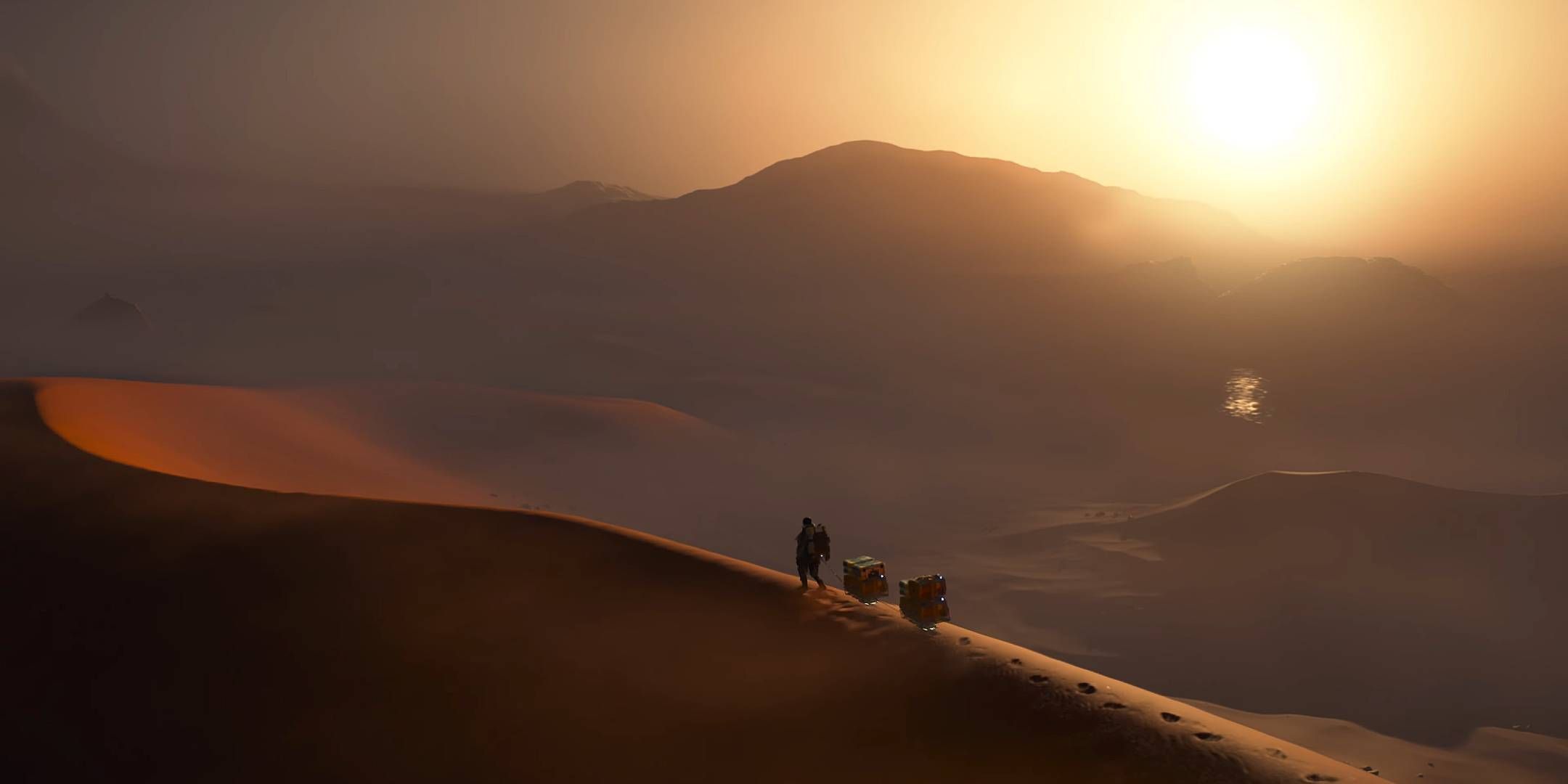 Sam walking along a desert dune in Death Stranding 2.