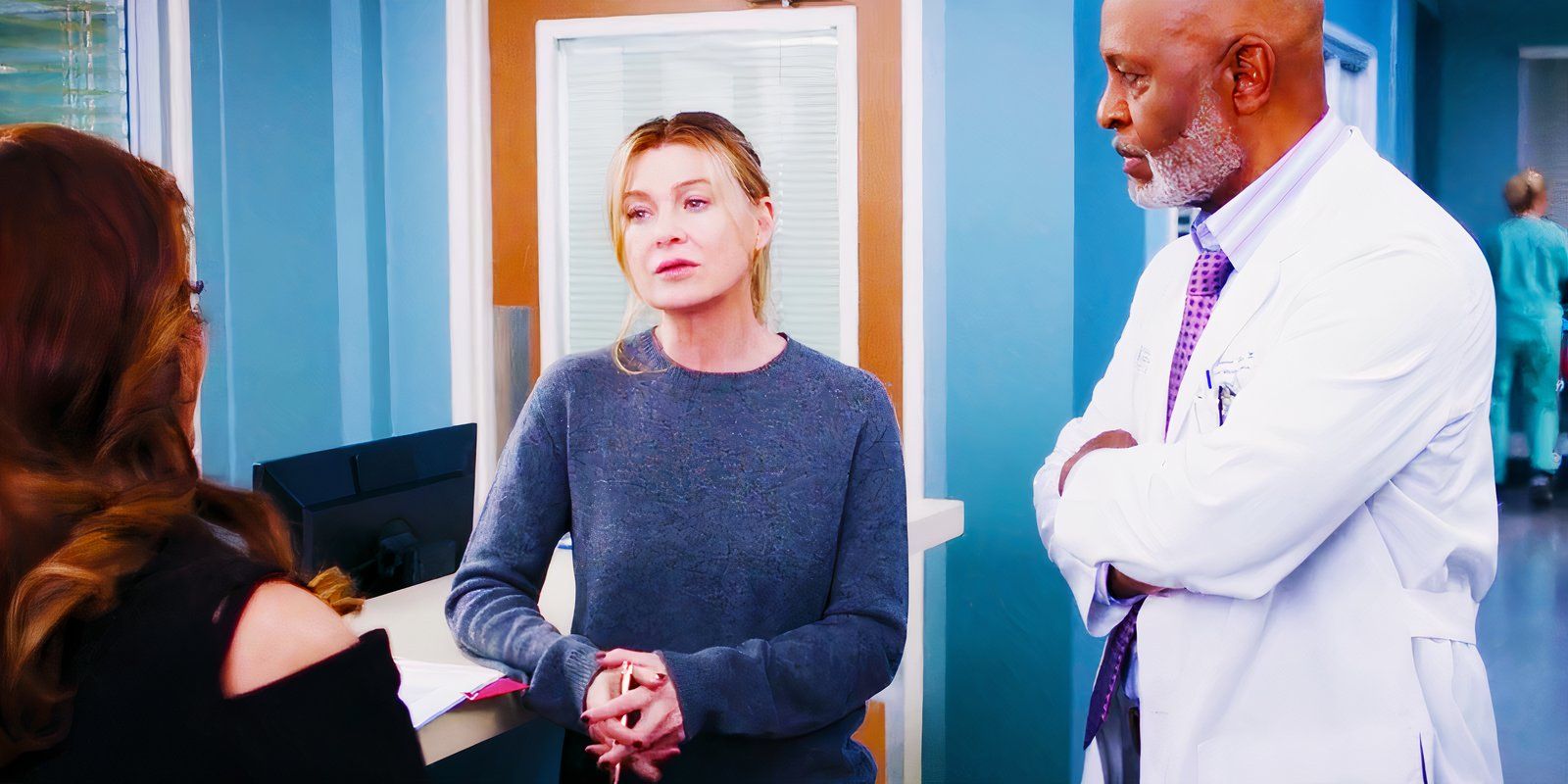 Debbie Allen as Catherine Fox, Ellen Pompeo as Meredith Grey and James Pickens Jr. as Richard Webber in Grey's Anatomy season 21 episode 18
