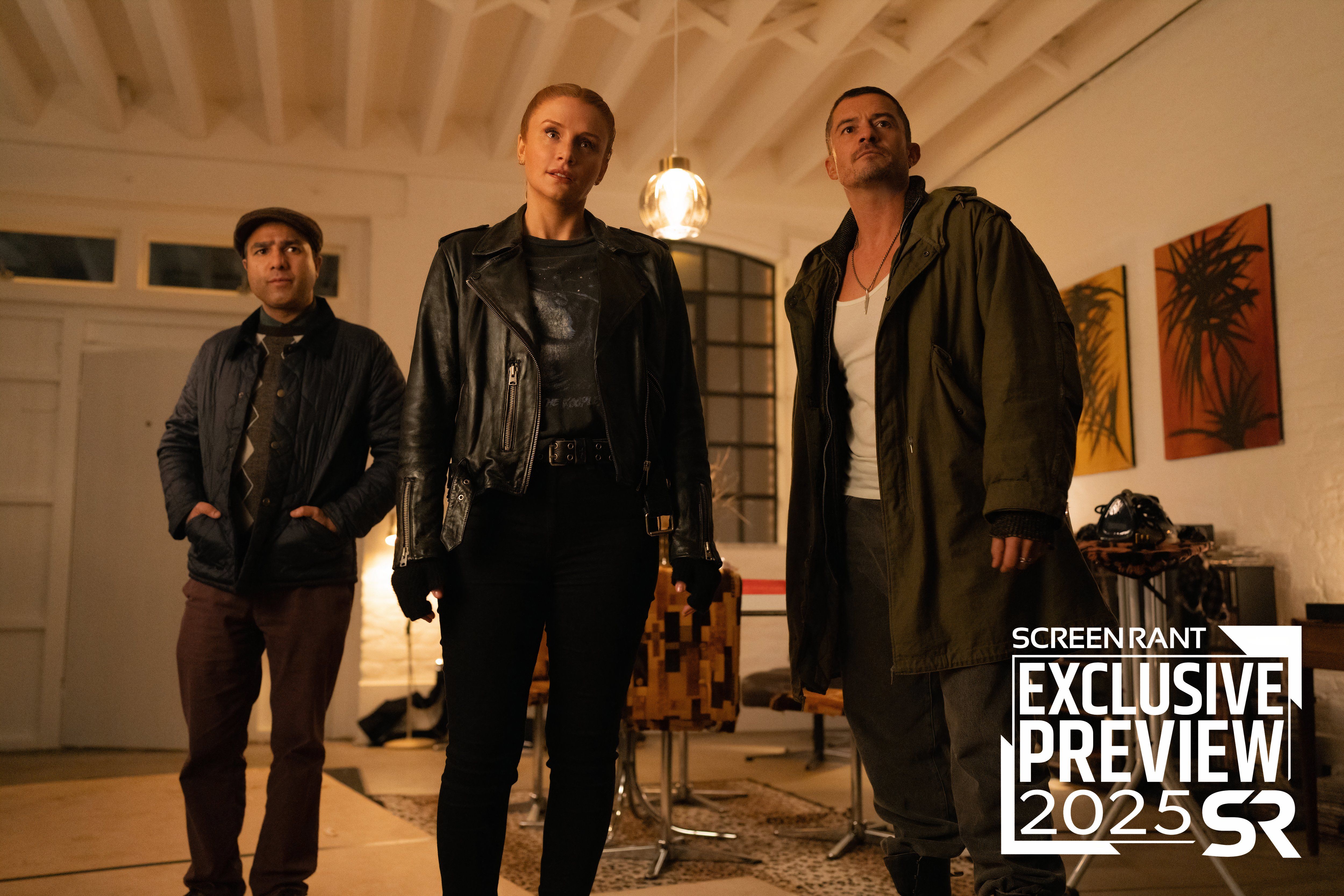 Bryce Dallas Howard, Orlando Bloom, and Nick Mohammed standing together in Deep Cover