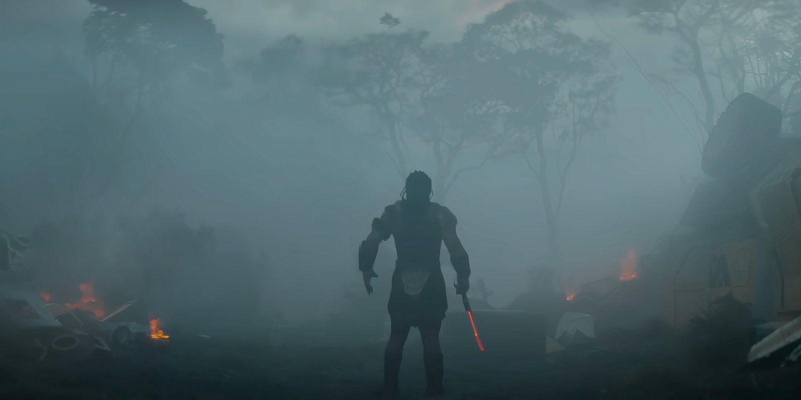 Dek staring into a misty forest in Predator: Badlands
