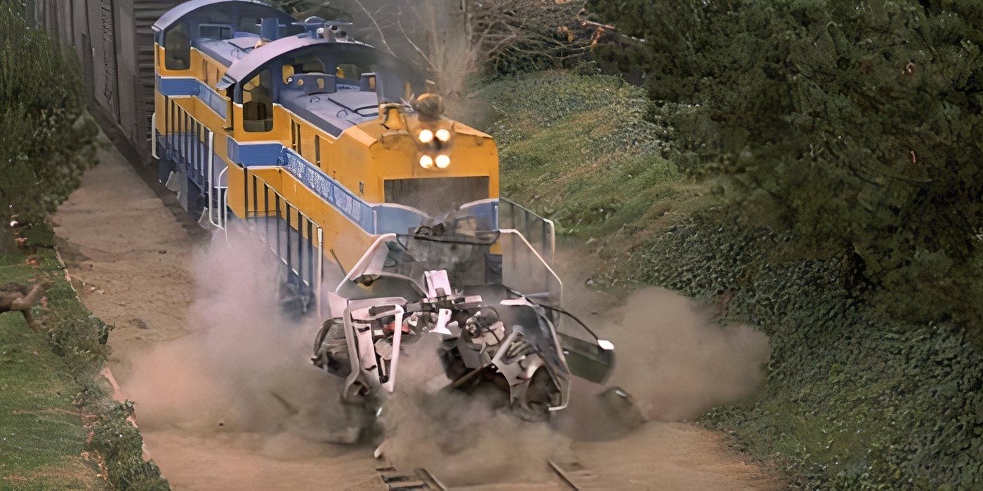 A freight train collides with the DeLorean in Back to the Future Part 3