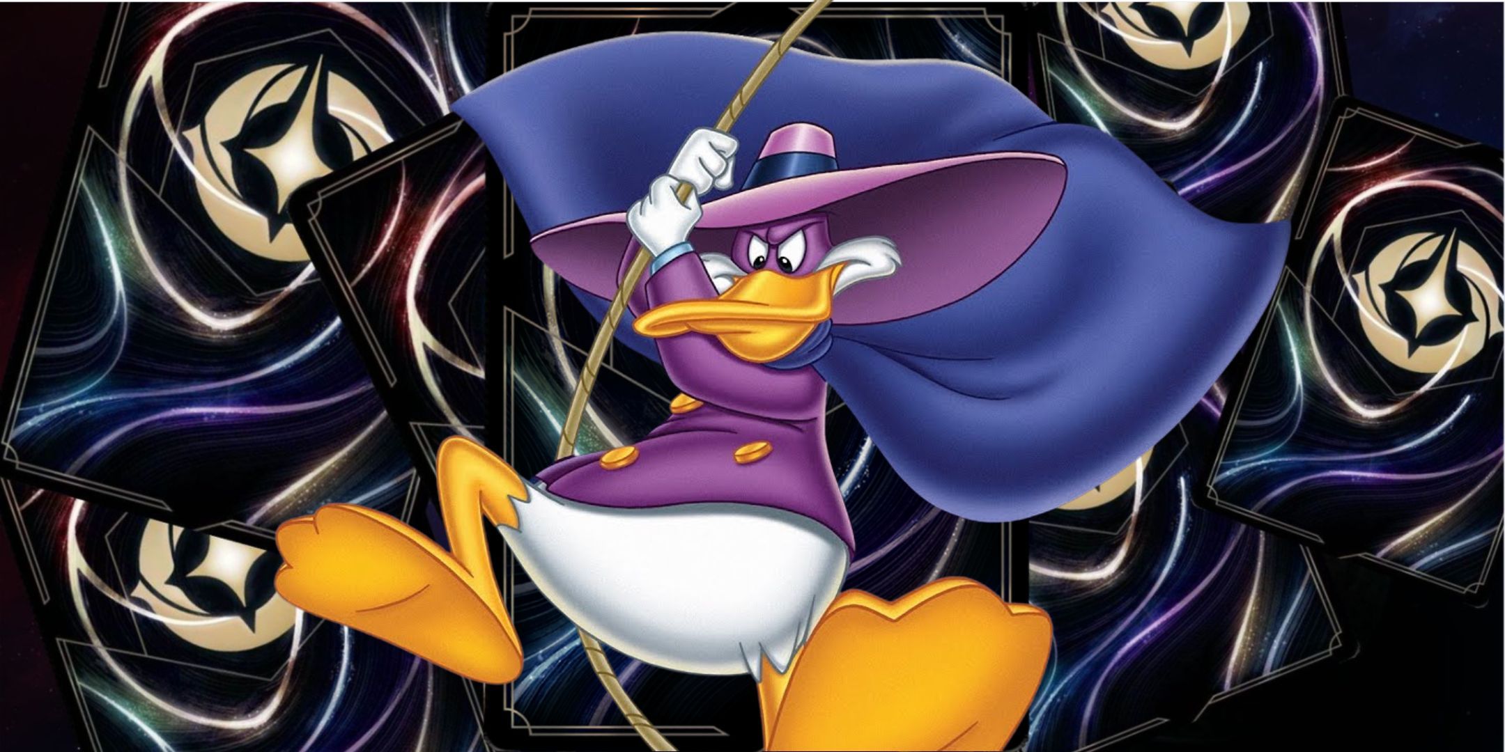 La tarjeta de Disney Lorcana respalda con pato oscuro que se balancea sobre una cuerda frente a ellos