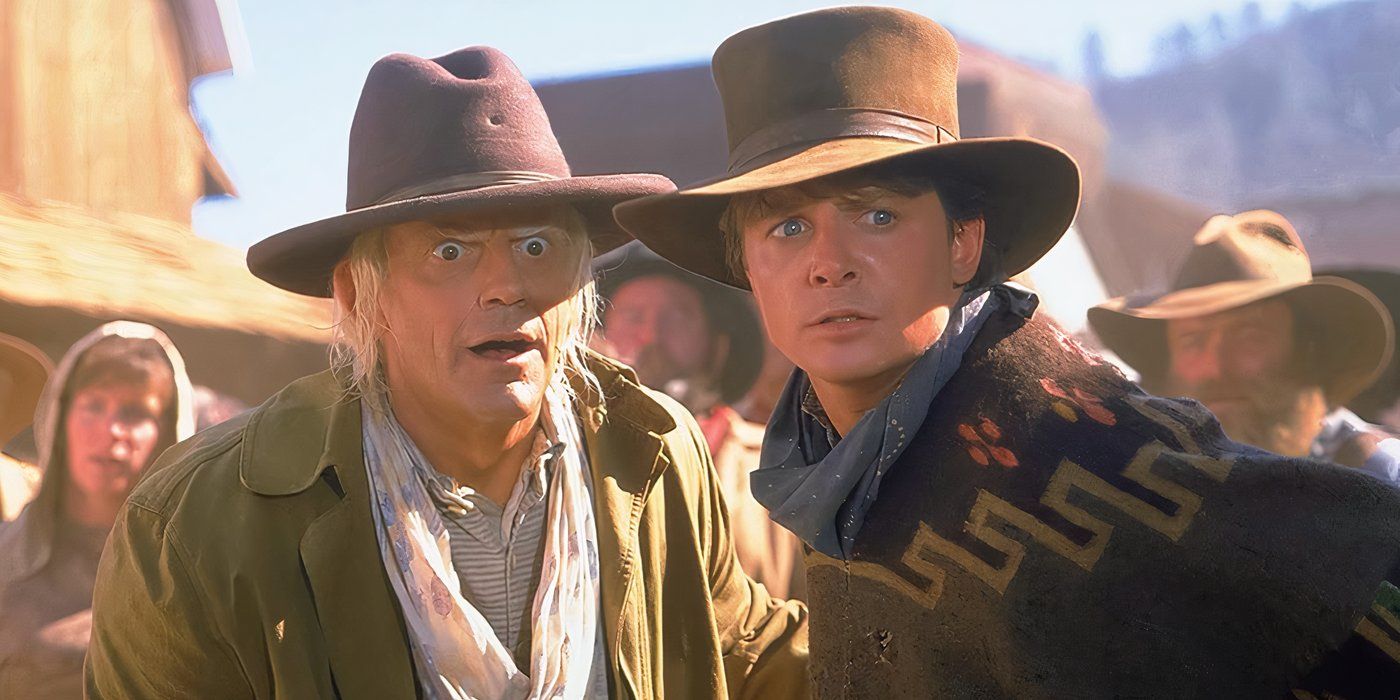 Christopher Lloyd as Dr. Emmett Brown and Michel J. Fox as Marty McFly in Back to the Future Part 3