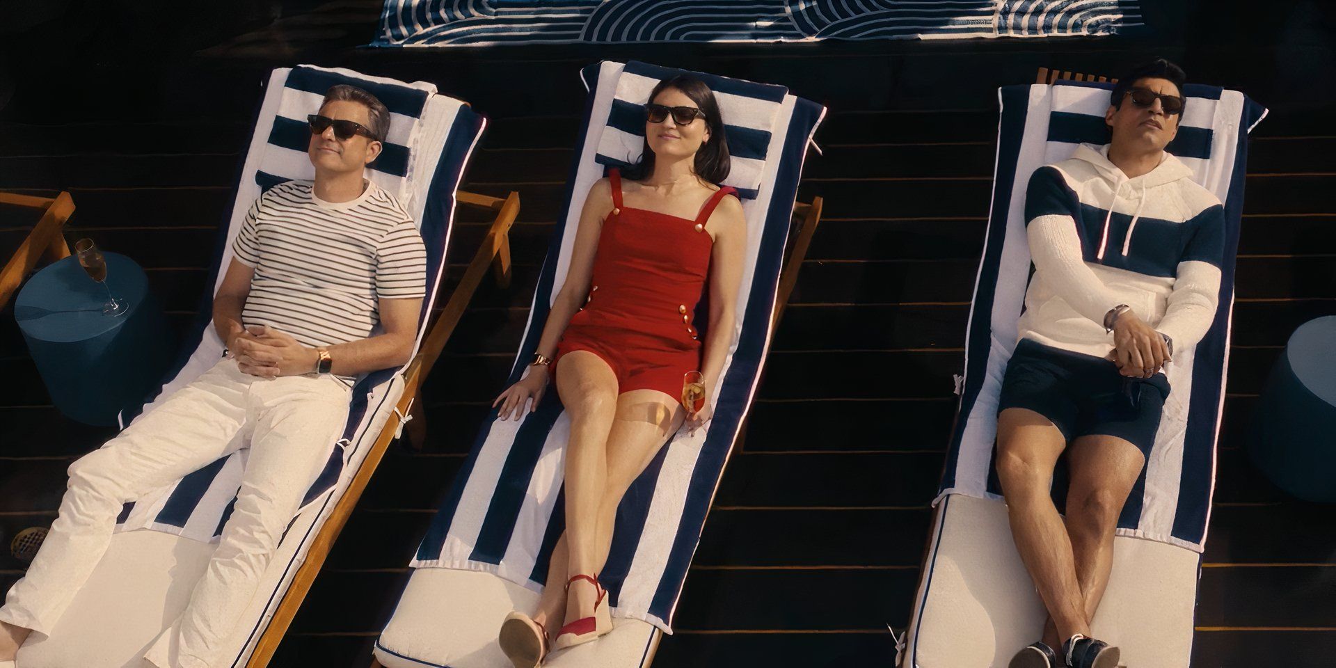 Joshua Jackson as Max Bankman, Phillipa Soo as Avery Morgan, and Sean Teale as Tristan Silva in Doctor Odyssey