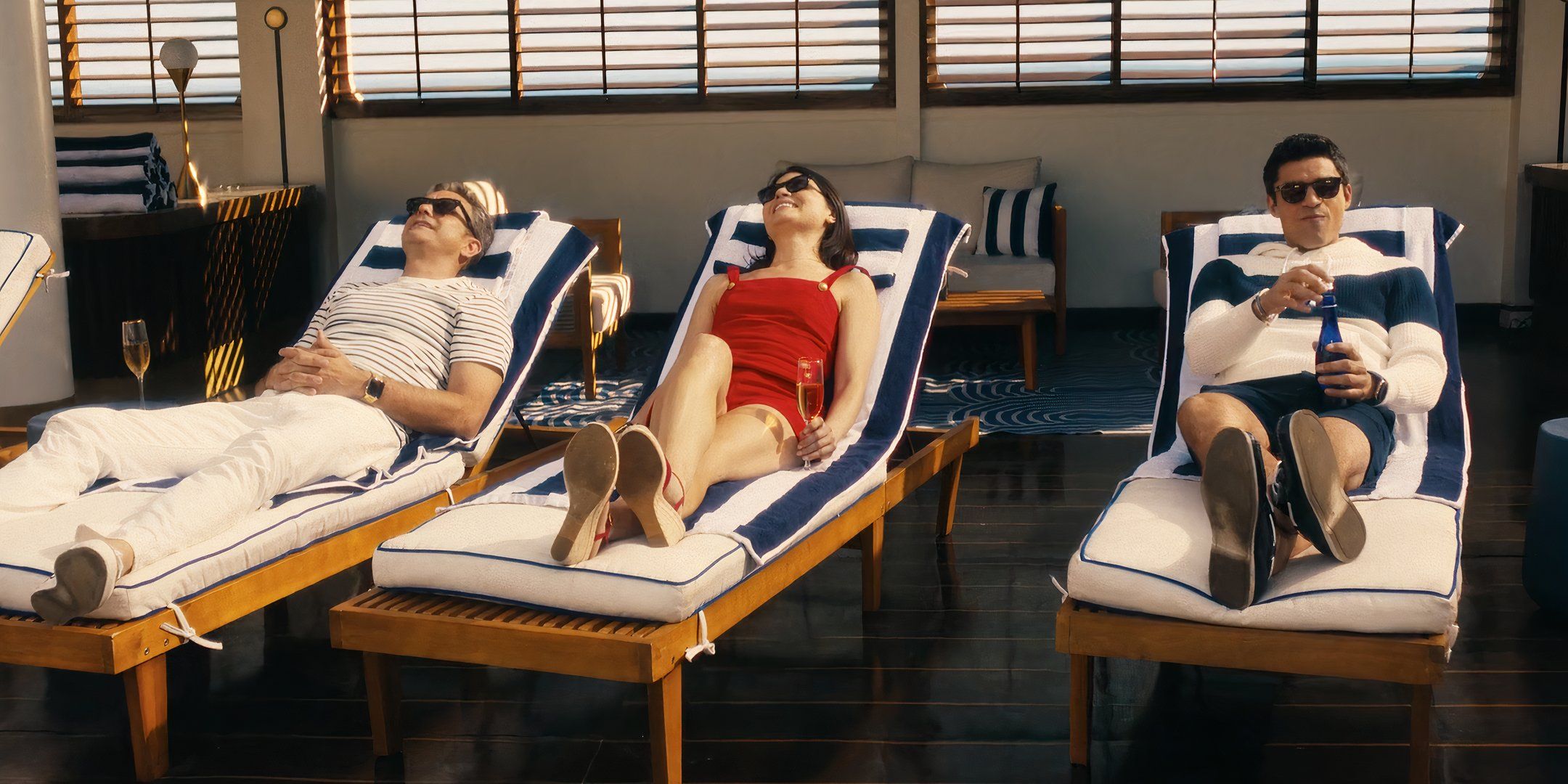 Joshua Jackson as Max Bankman, Phillipa Soo as Avery Morgan and Sean Teale as Tristan Silva in Doctor Odyssey season 1 episode finale
