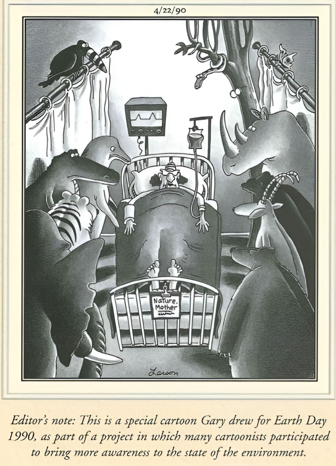A group of animals overlook a dying Mother Nature in the hospital