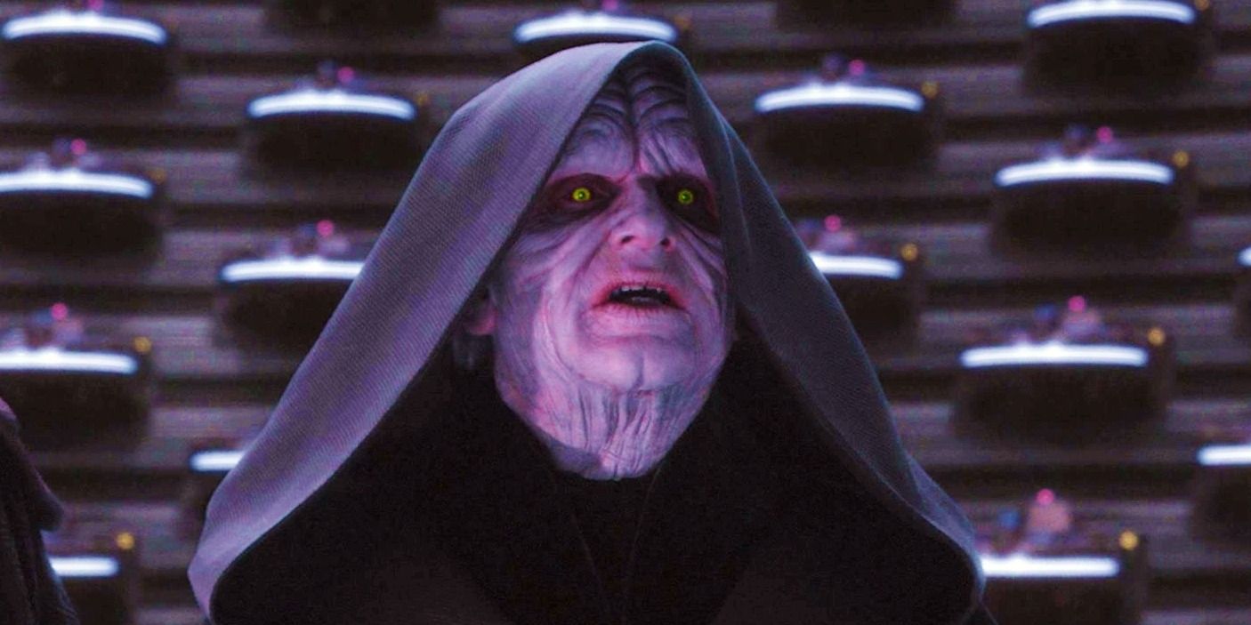 Emperor Palpatine/Darth Sidious in Revenge of the Sith with his Sith eyes visible under his hood