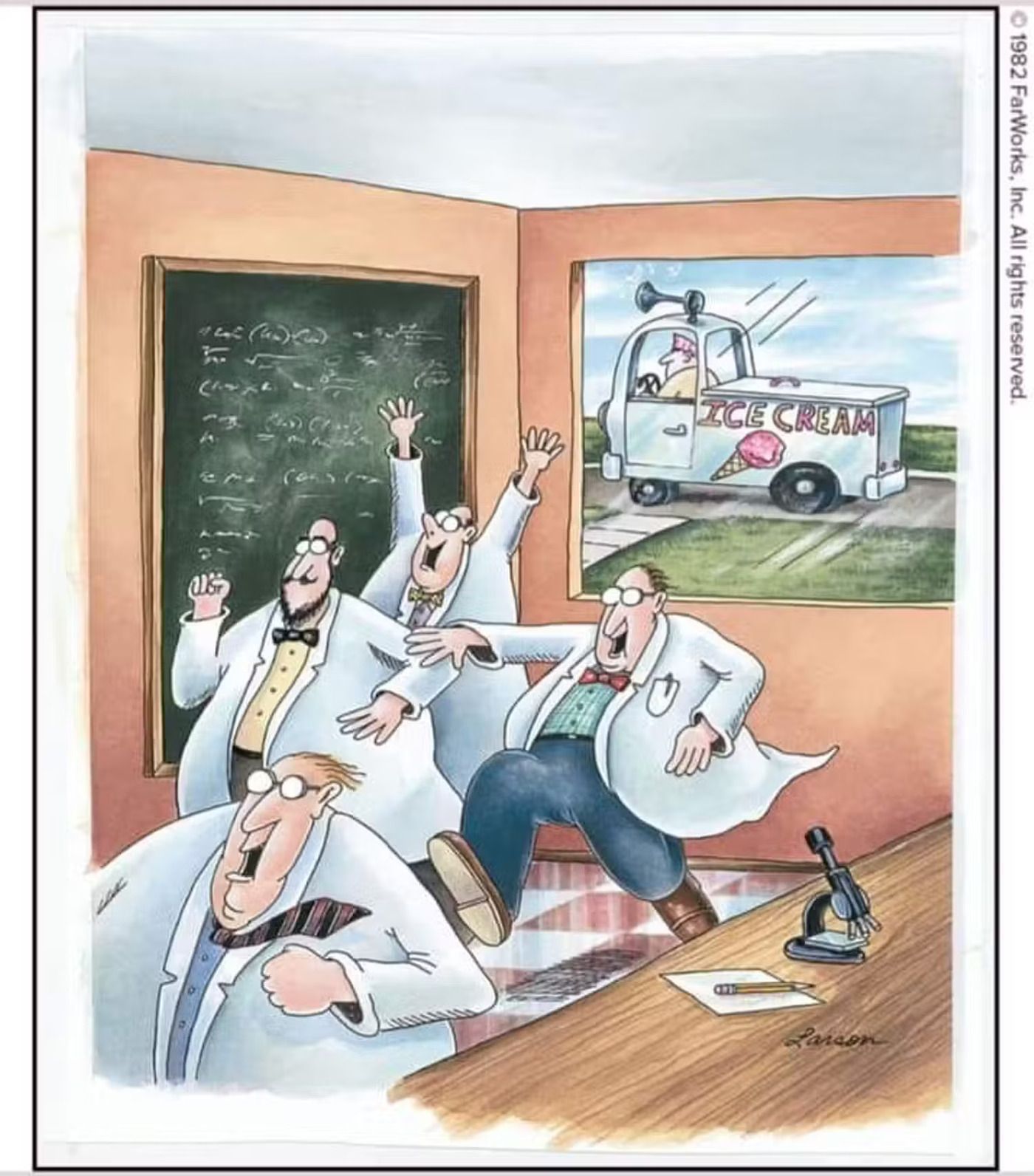 A group of scientists run outside for ice cream