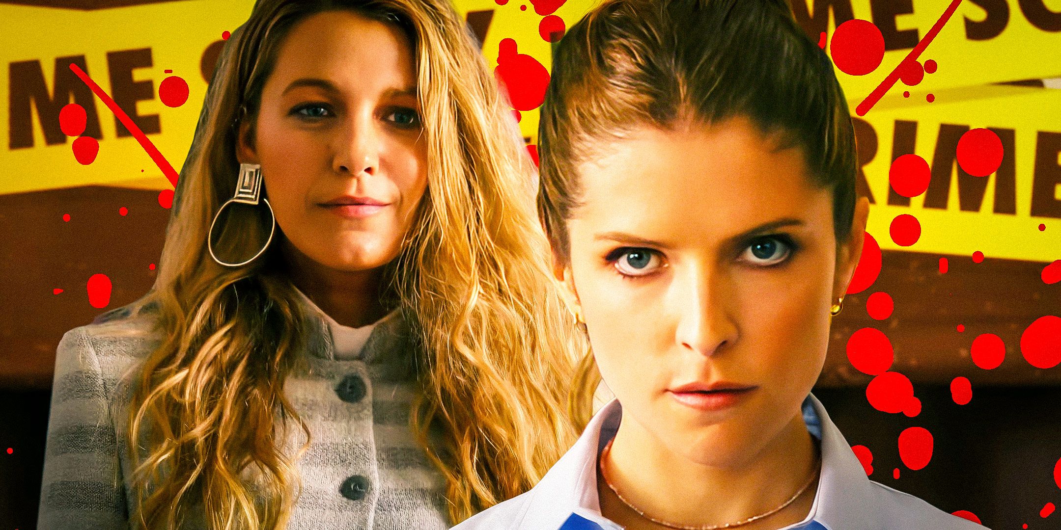 A composite image of Anna Kendrick and Blake Lively from Another Simple Favor in front of crime scene tape