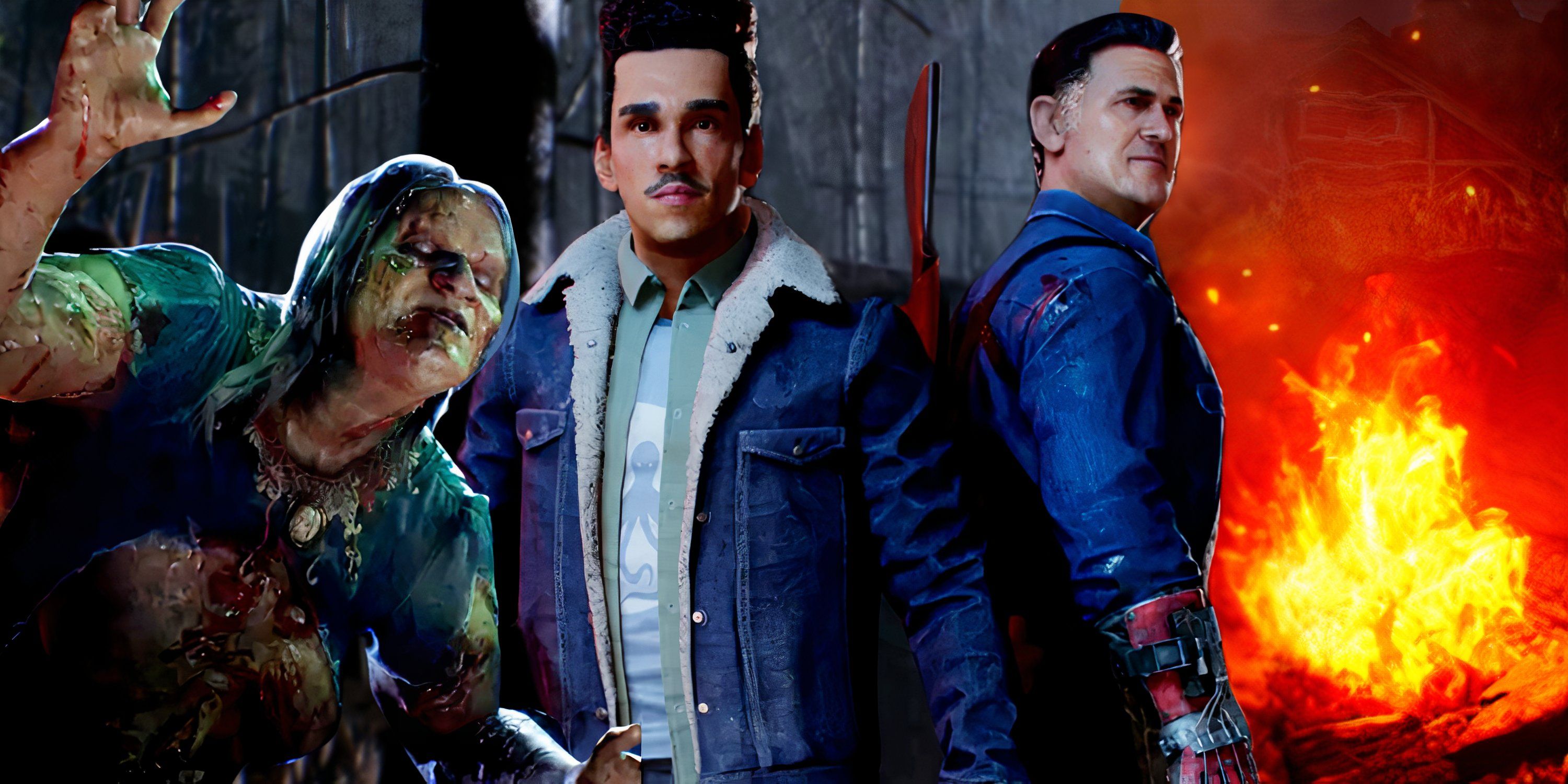Evil Dead The Game characters with a monster popping up at them in the forest