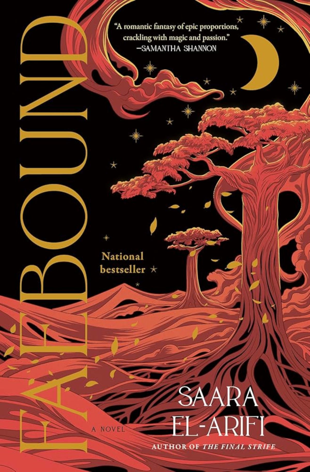Faebound Cover featuring a red tree and black background