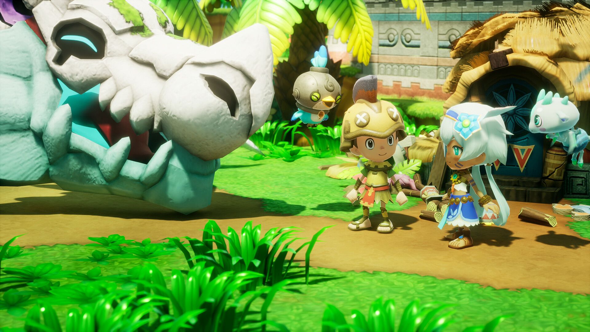 Screenshot di Fantasy Life i con personaggi vicino a un teschio di drago