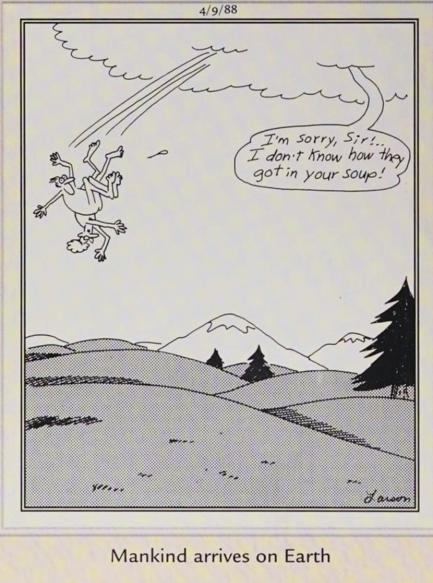 Far Aide, April 9, 1988, god spits Adam and Eve out onto Earth