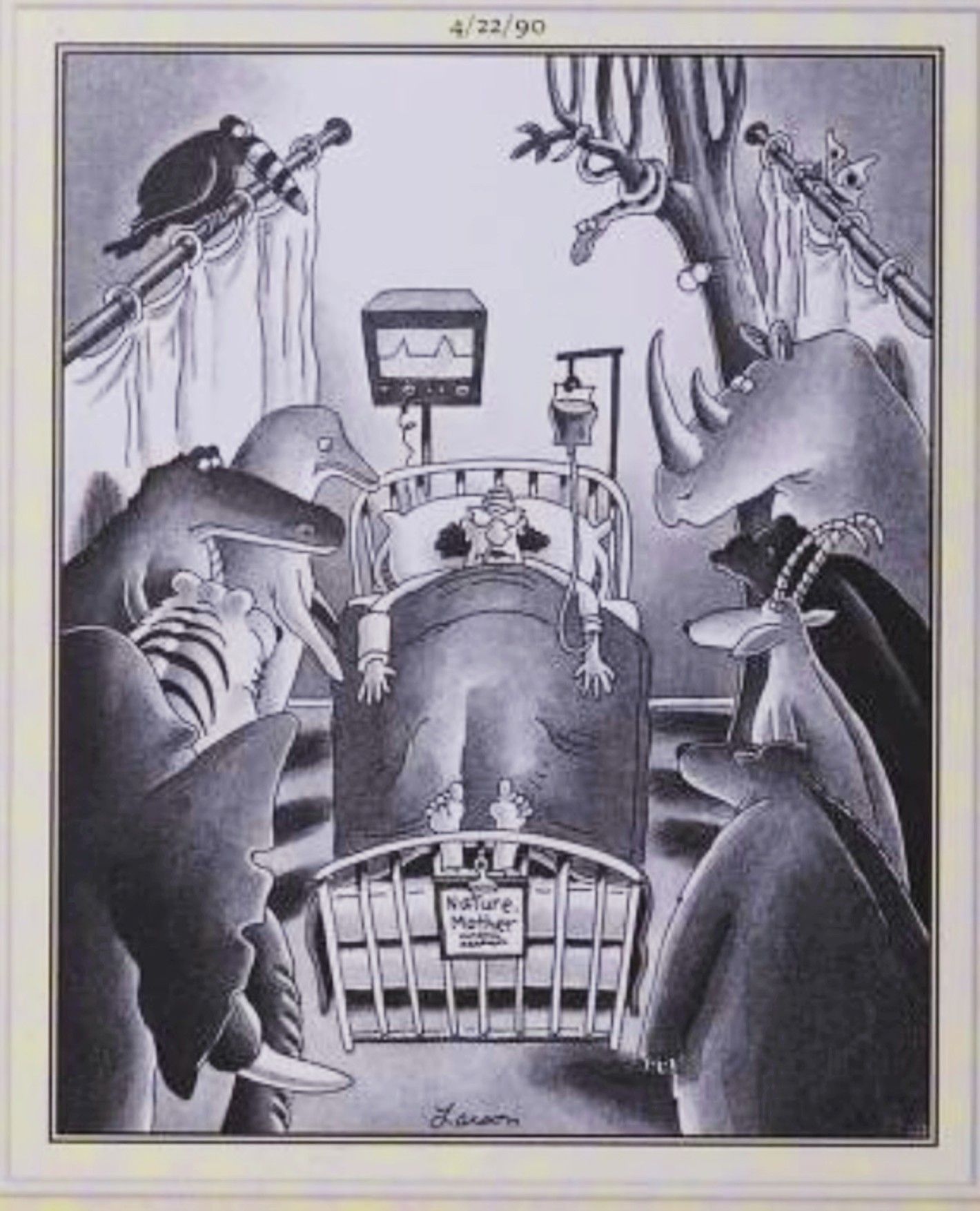 Far Side, April 22, 1990, animals gather around Mother Nature's bedside in the hospital