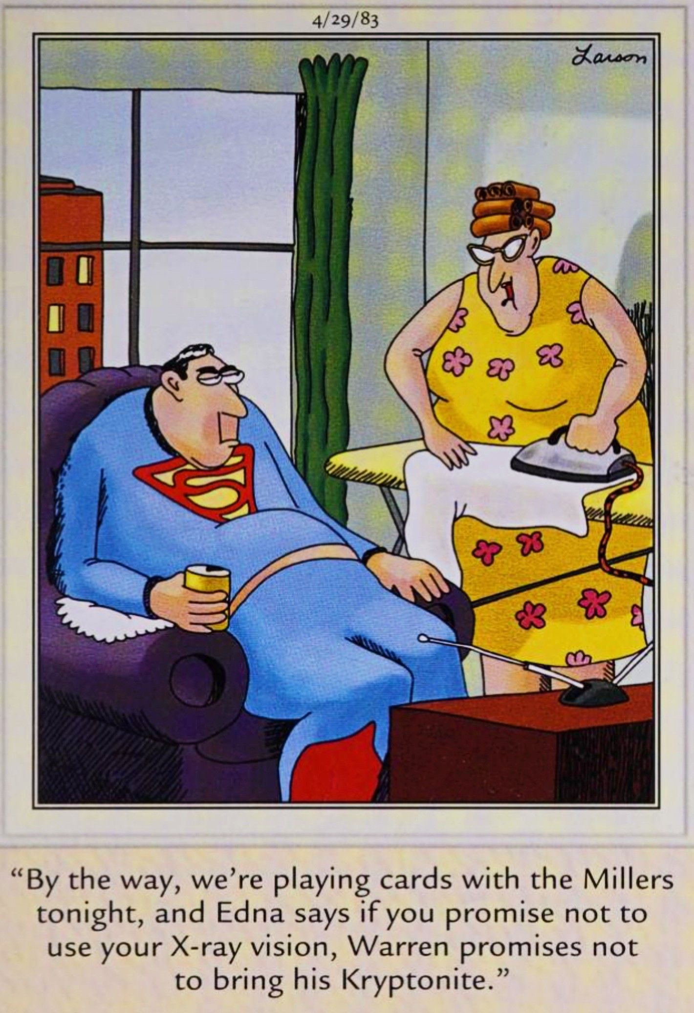 Far Side, aprile 29, 1983, Superman e Lois fanno piani con altri amici