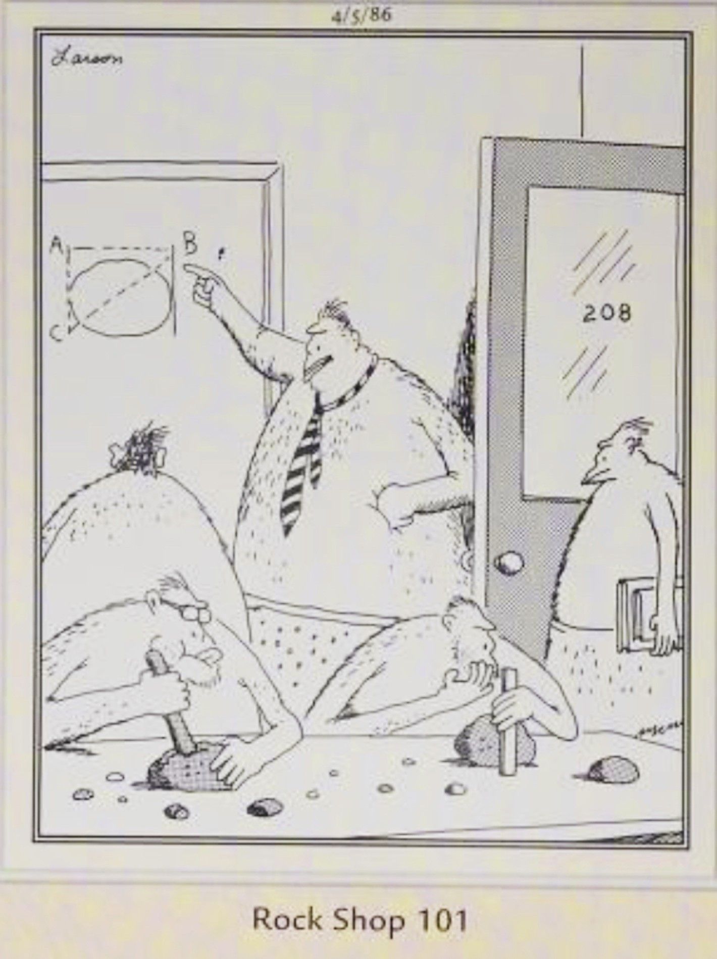 Far Side, April 5, 1986, prehistoric characters in 'rock shop'