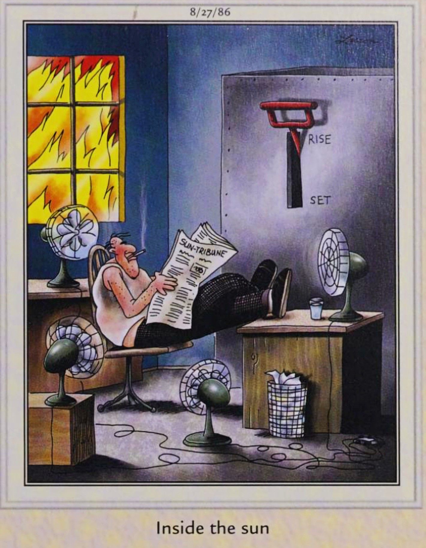 Far Side, August 27, 1986, the man inside the sun who flips the rise and set switch