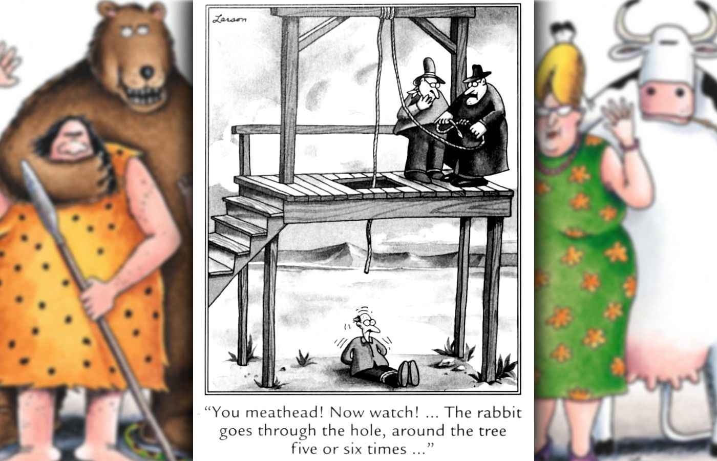 Caricatura Far Side con cowboy appeso