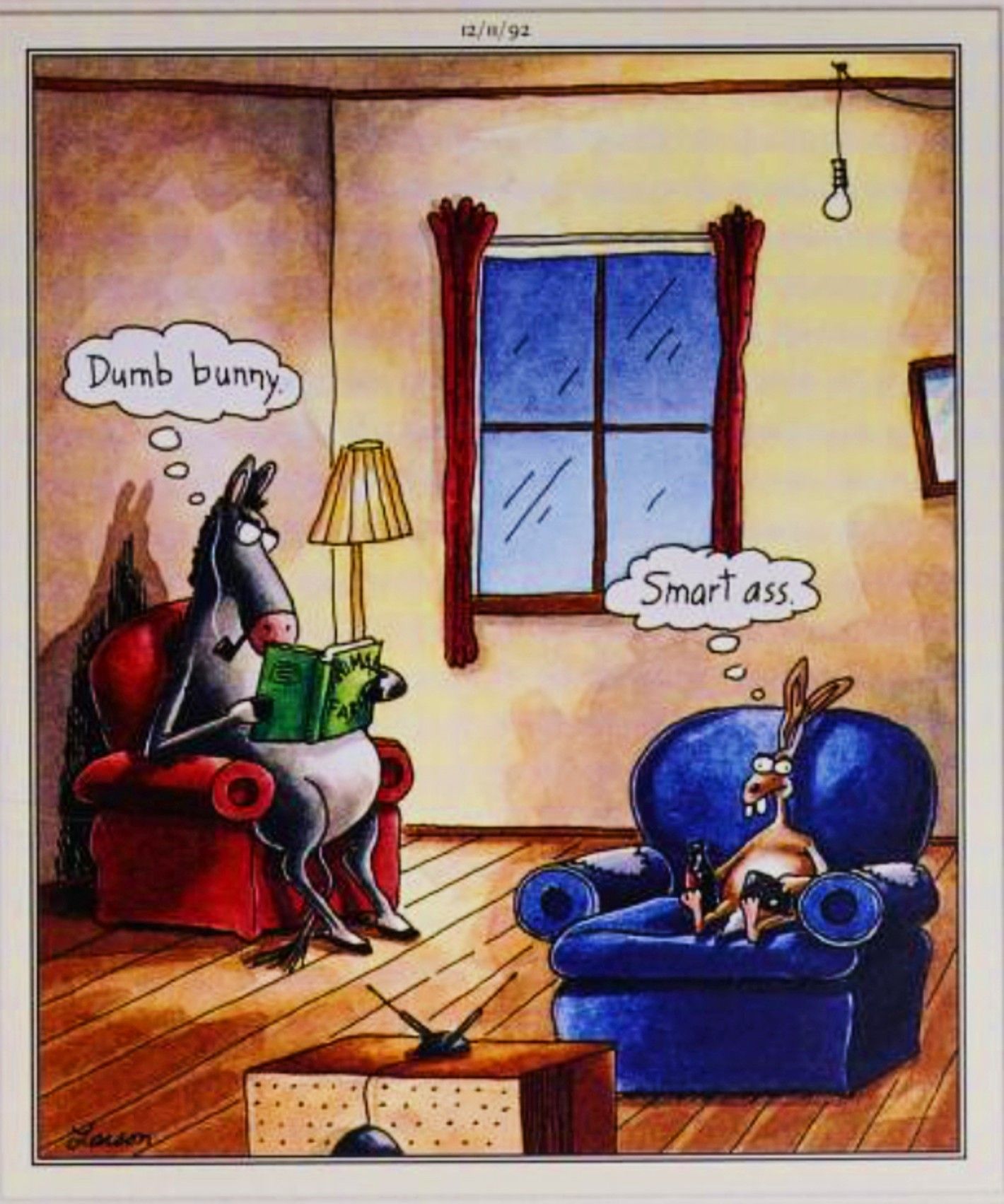 Far Side, December 11, 1992, a donkey and a rabbit living together
