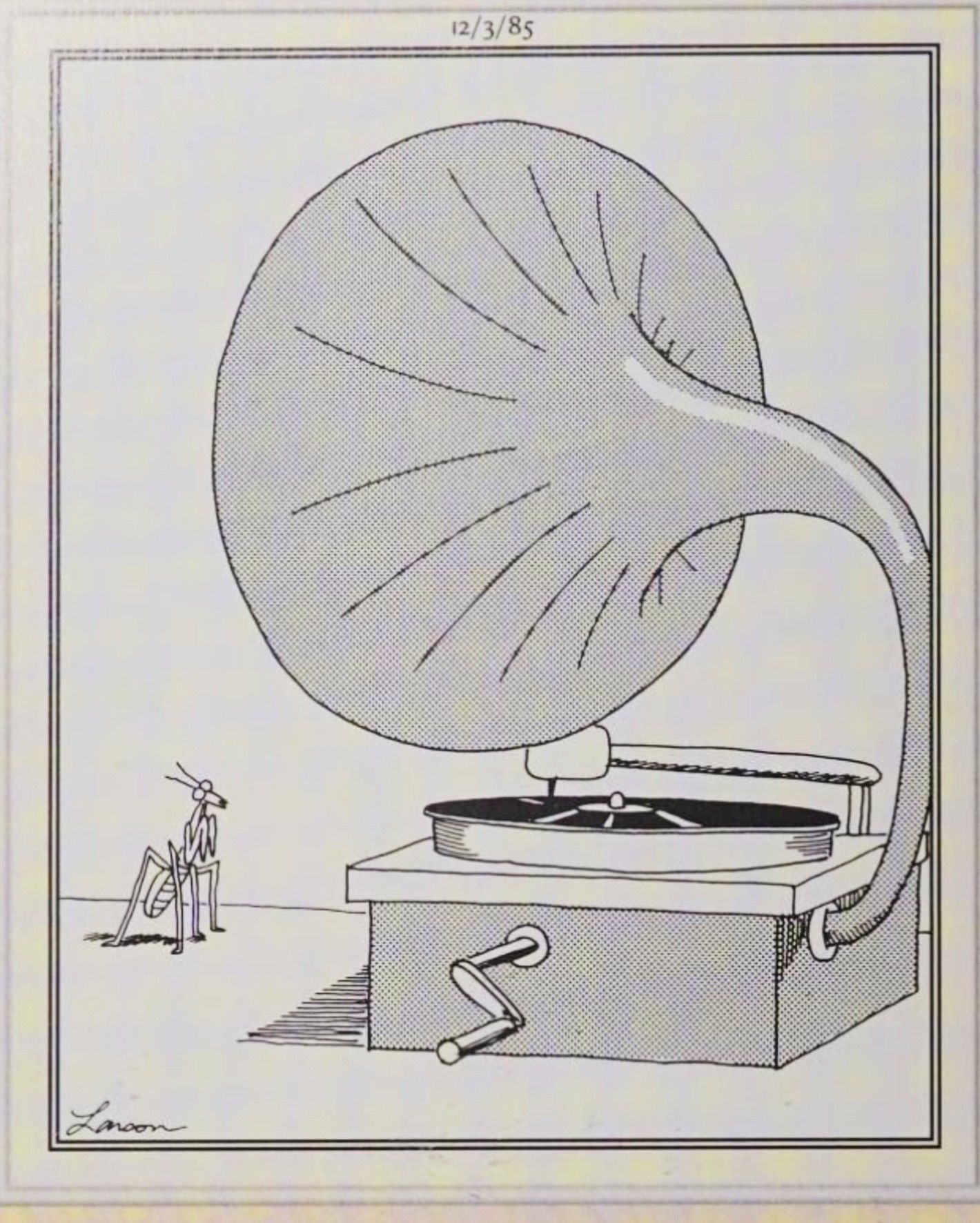 Far Side, December 3, 1985, a grasshopper looks lovingly at a grammophone