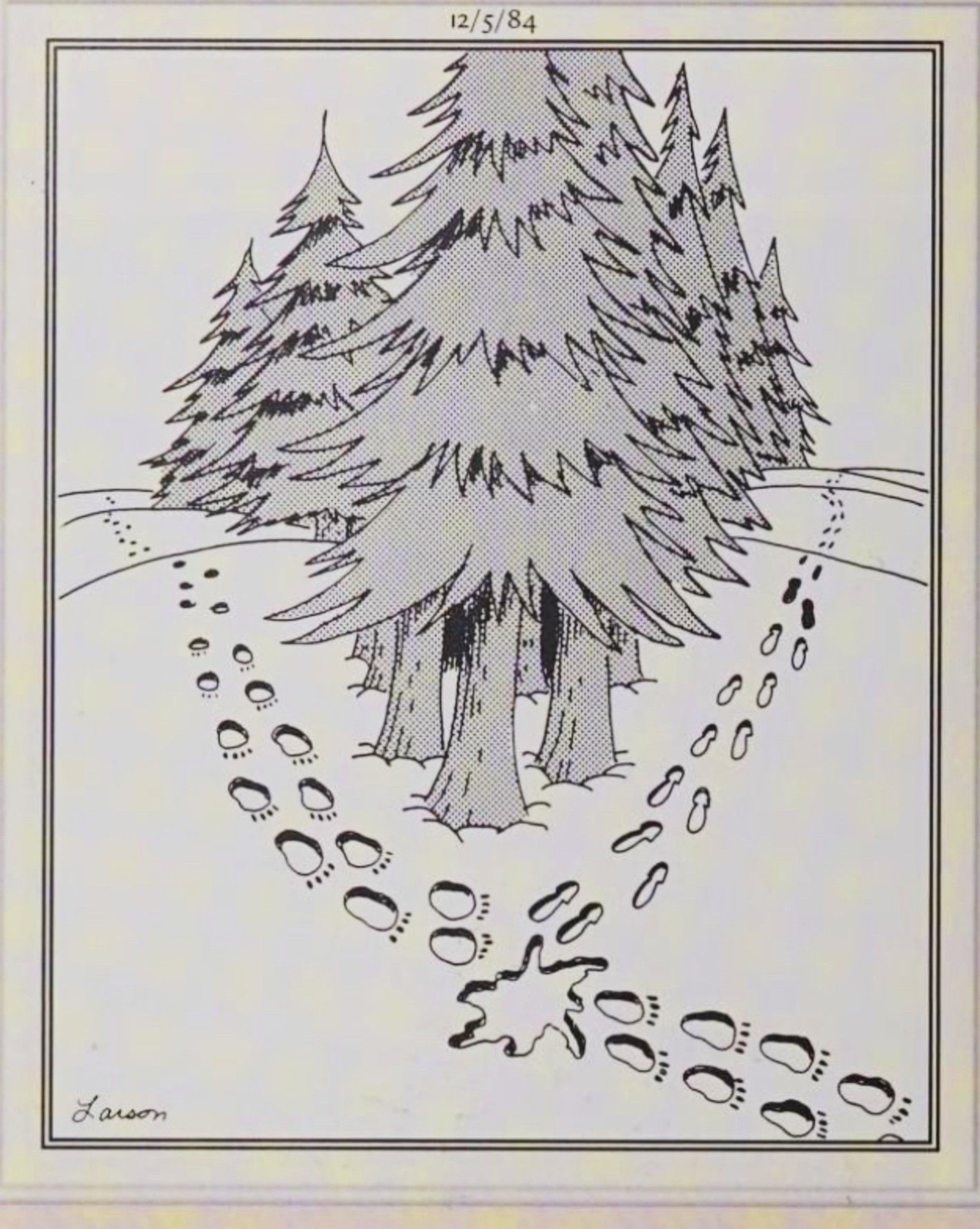 Far Side, December 5, 1984, a splatter where bear and human tracks intersect