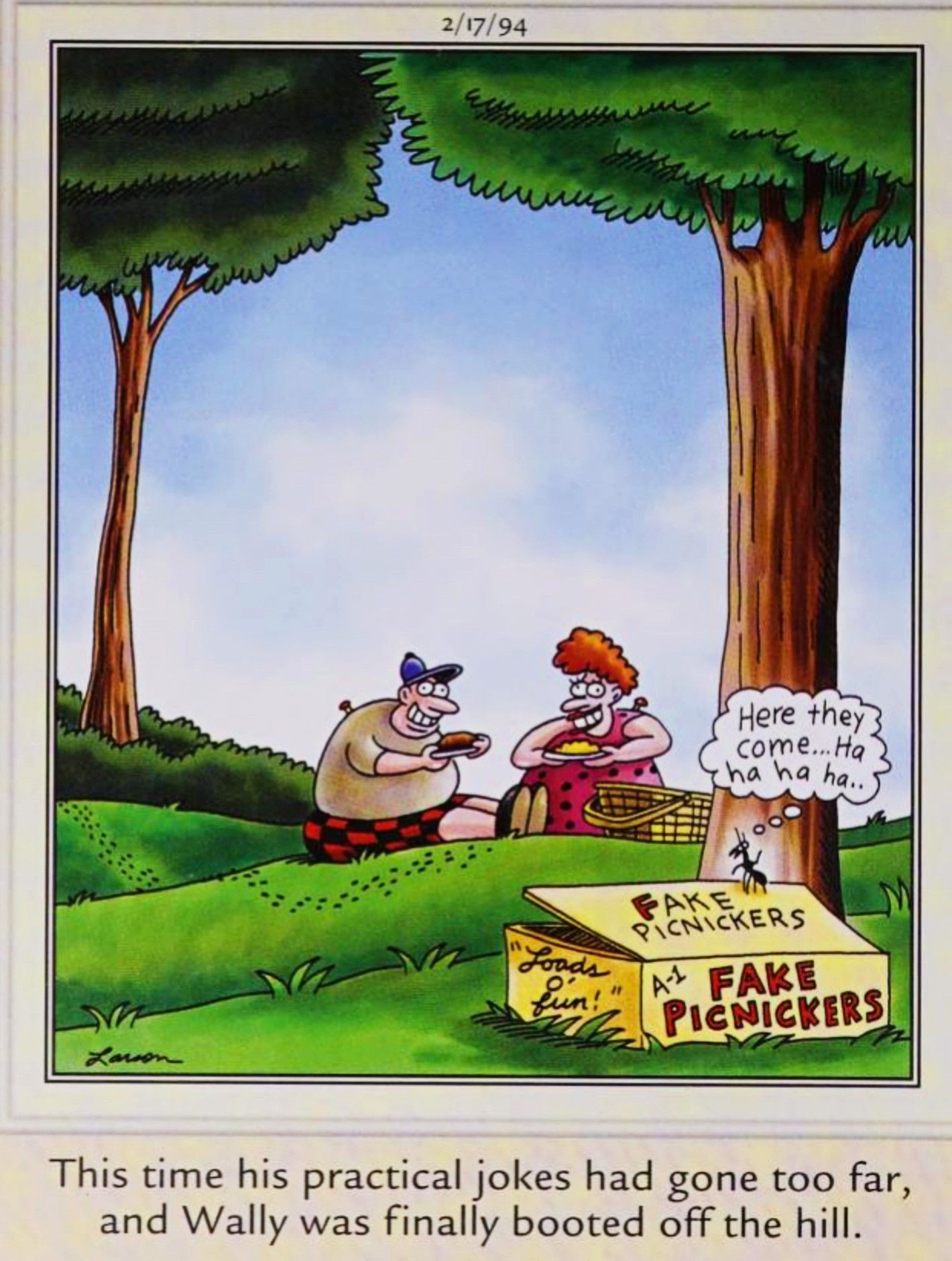 Far Side, February 17, 1994, an ant fakes out other ants using fake picnikers