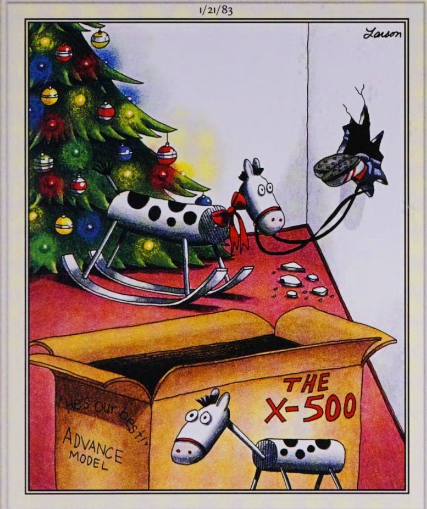 Far Side, January 21, 1983, a rocking horse toy sends a kid through a wall