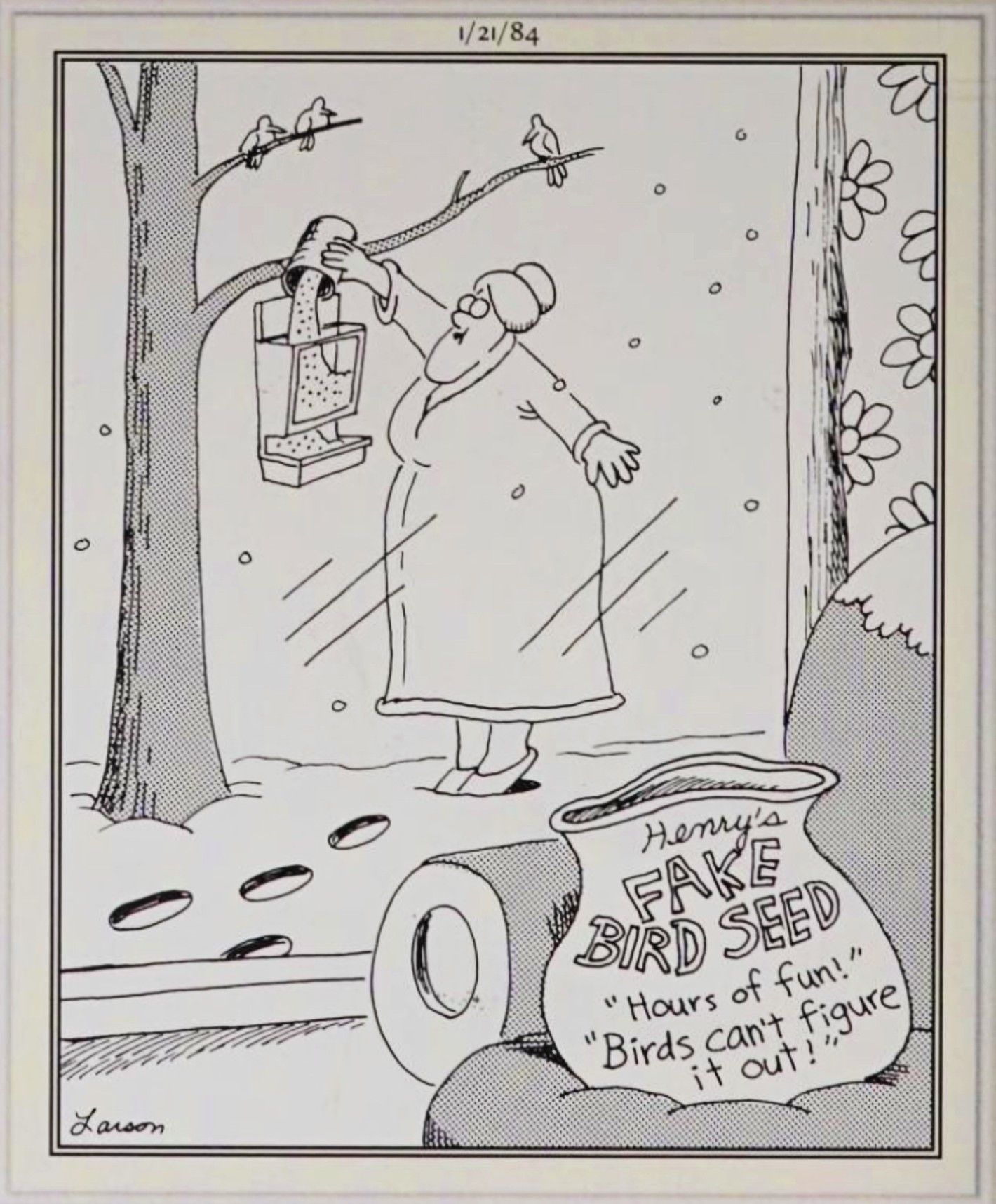 Far Side, January 21, 1984, a woman gives fake bird seed to birds outside her house