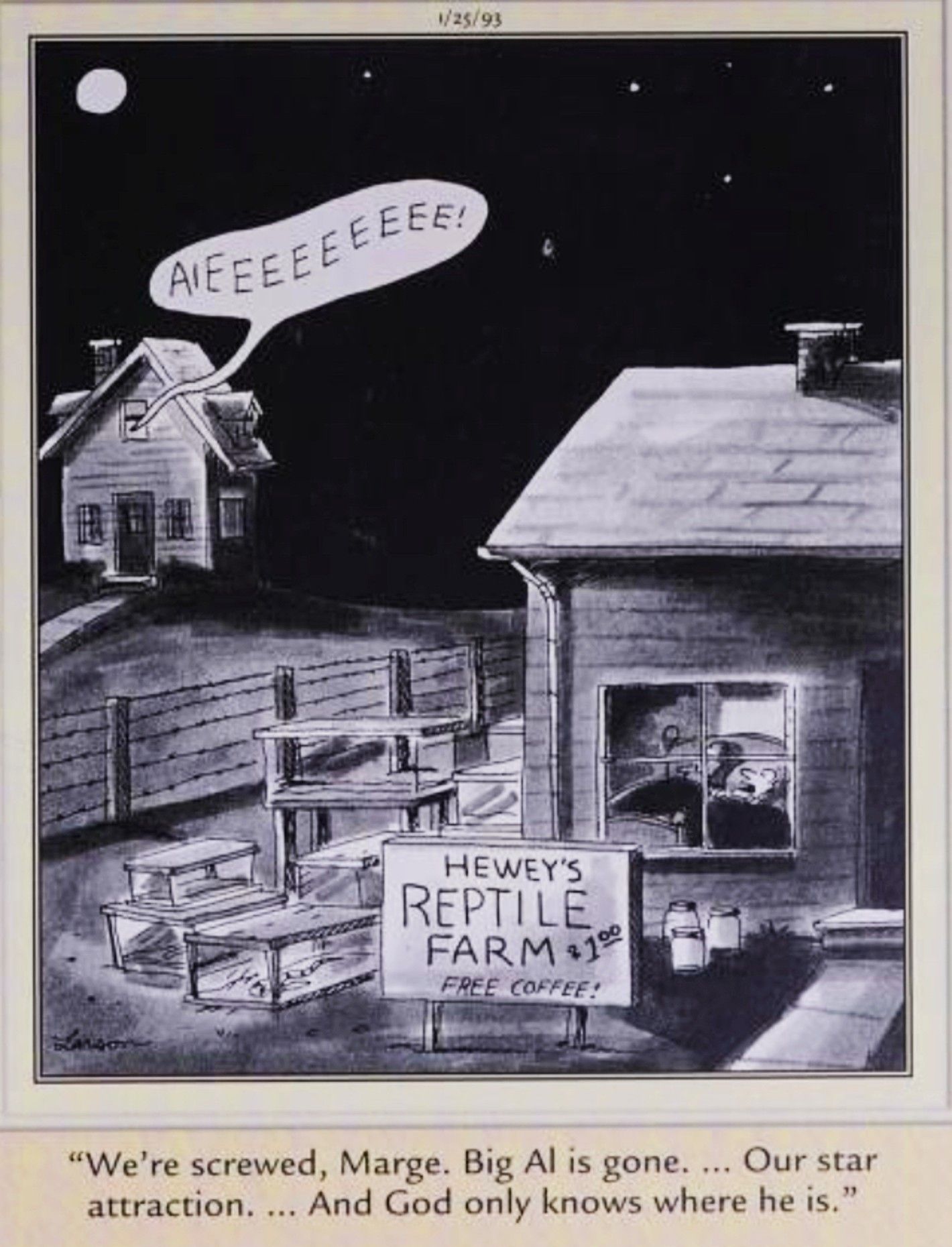 Far Side, gennaio 25, 1993, proprietari di una fattoria di rettili perdono il loro grande serpente