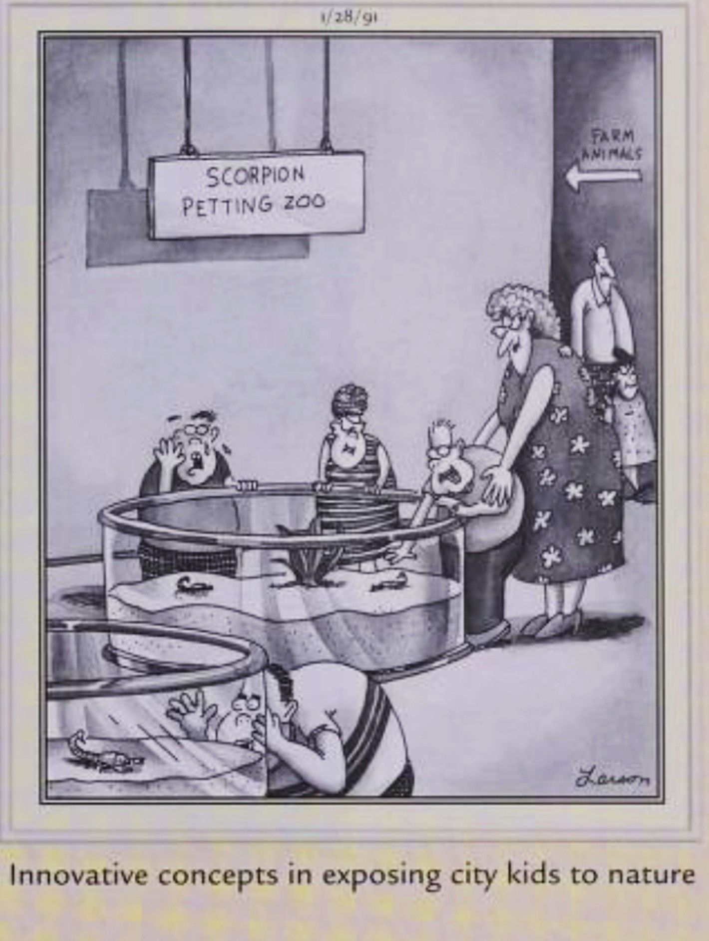 Far Side, January 28, 1991, kids at a scorpion petting zoo