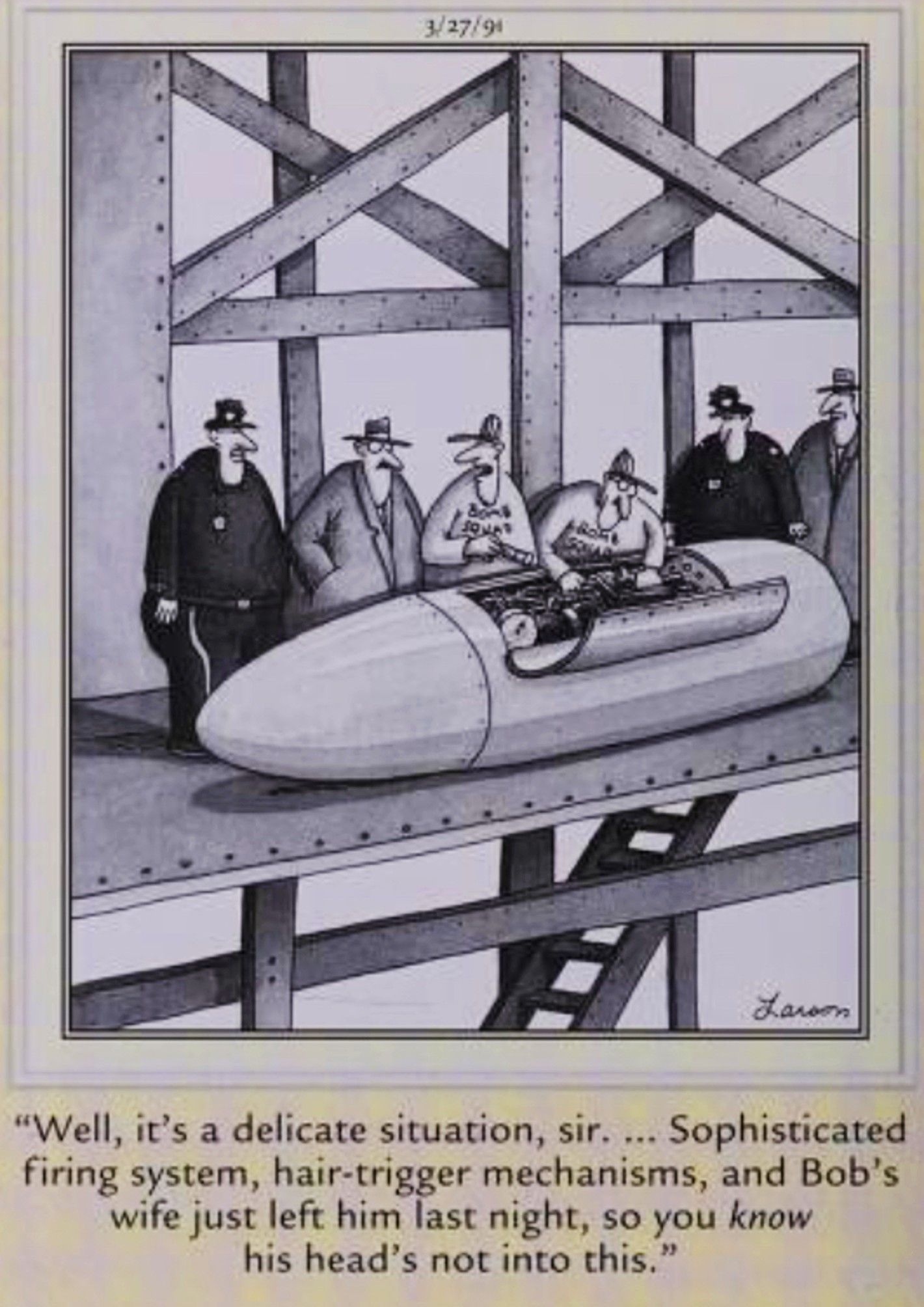 Far Side, March 27, 1991, a bomb squad officer having an off-day