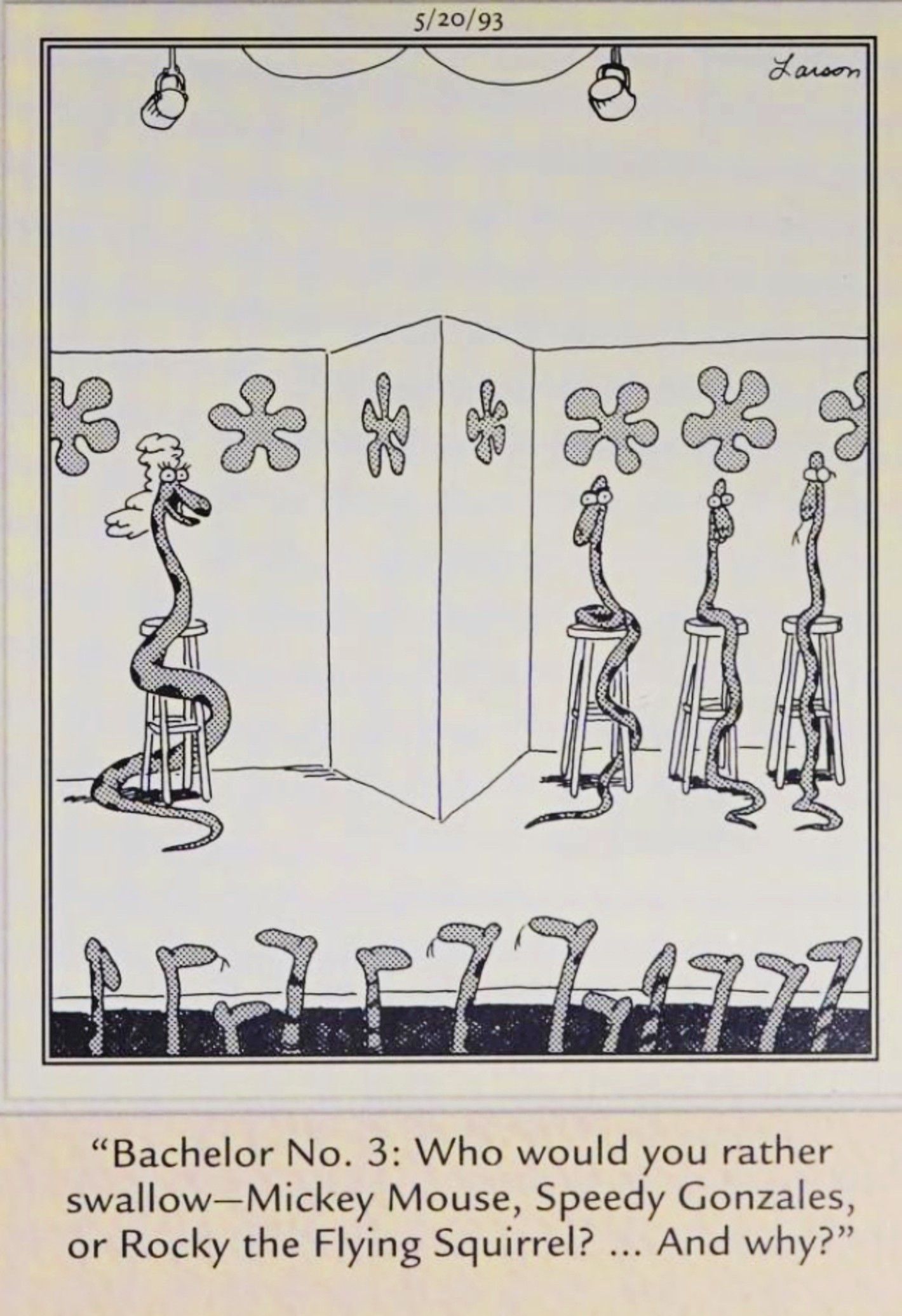 Far Side, May 20, 1993, snakes on a version of the Dating Game