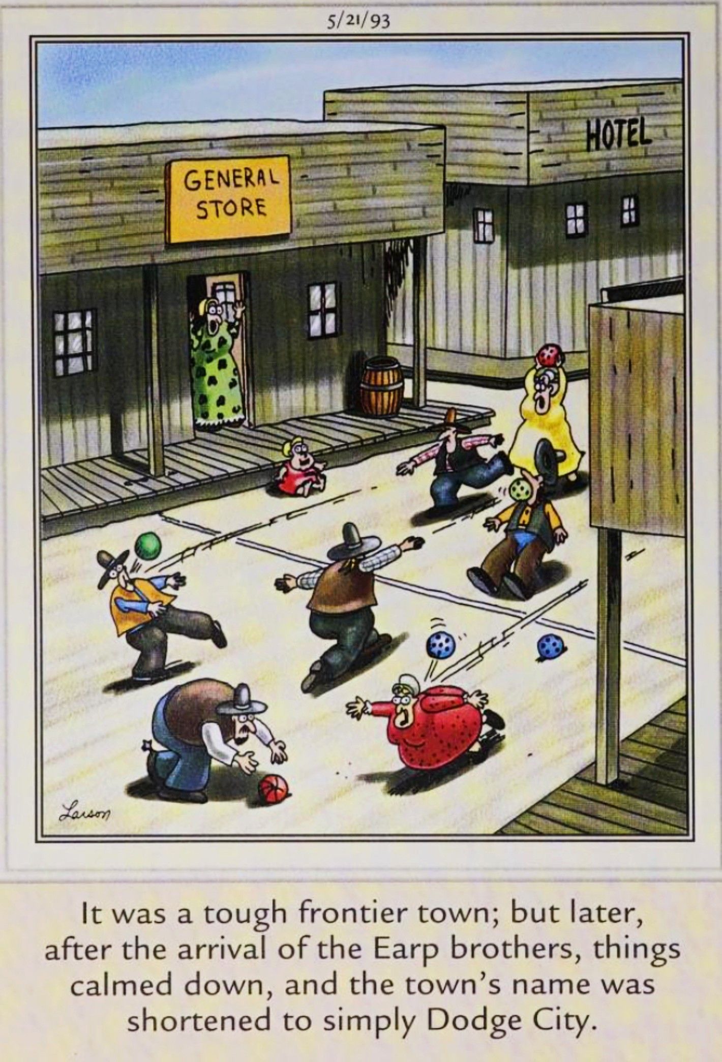 Far Side, May 21, 1993, characters in an old west town playing dodgeball