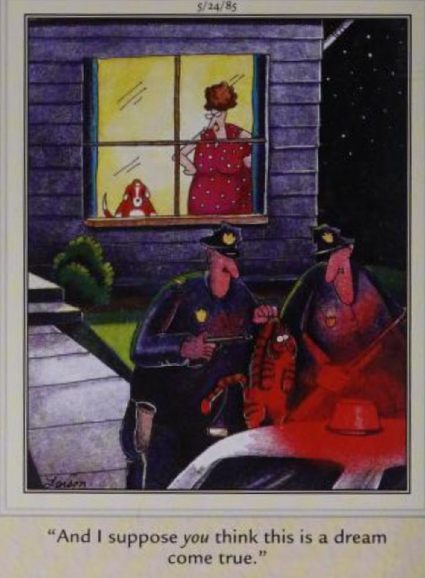 Far Side, May 24, 1985, a cat is led off in handcuffs by the police